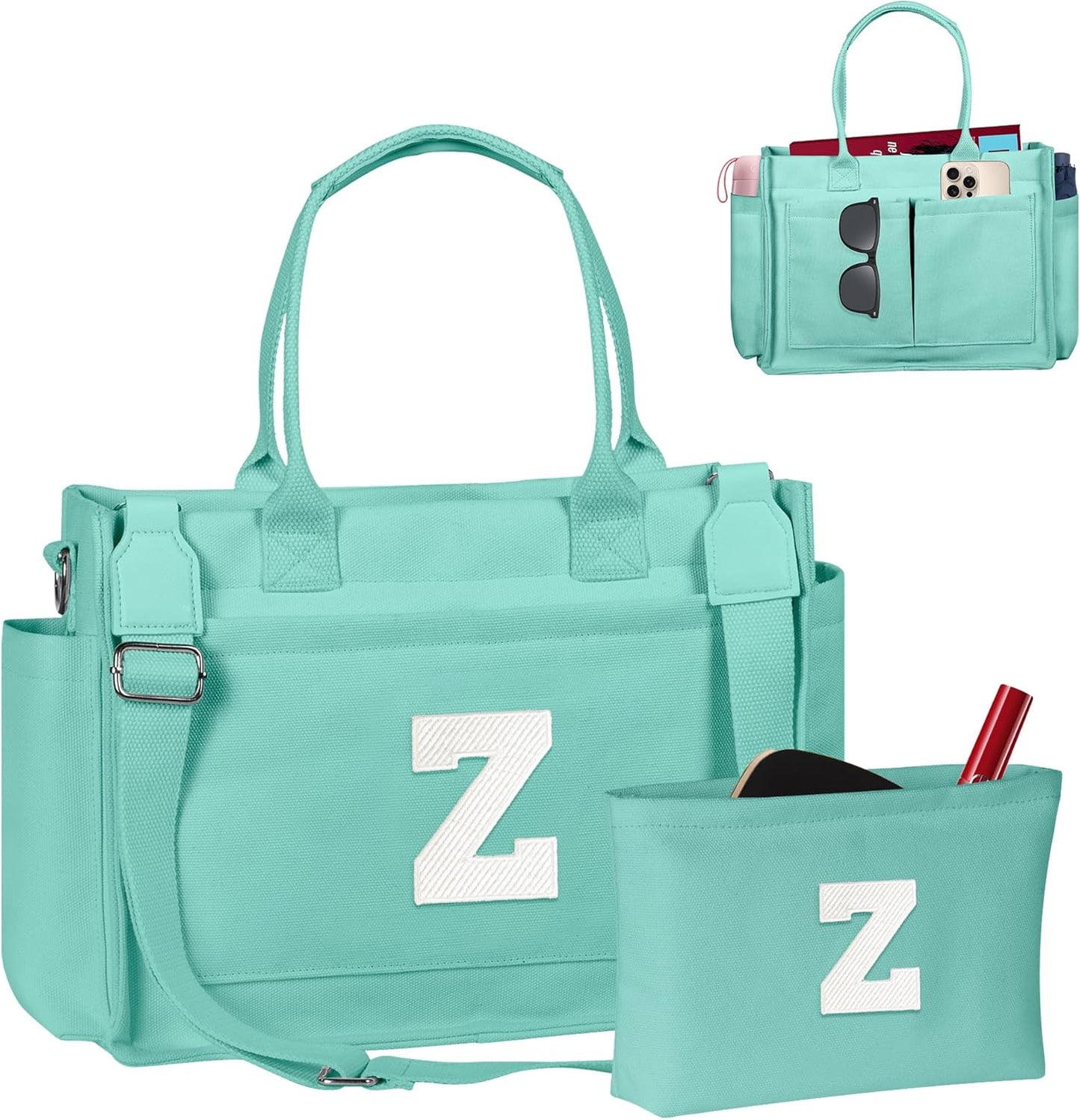Gifts for Women Teen Girls, Initial Tote Bag with Zipper, Letter Canvas Tote Purse for College Work Laptop Beach
