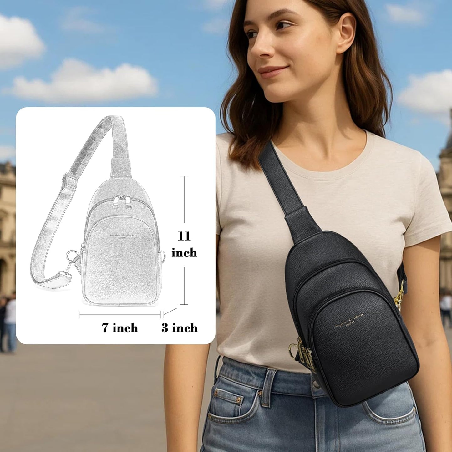 INICAT Crossbody Sling Bags Travel Cross Body Purses Faux Leather Fanny Packs Chest Bag for Women