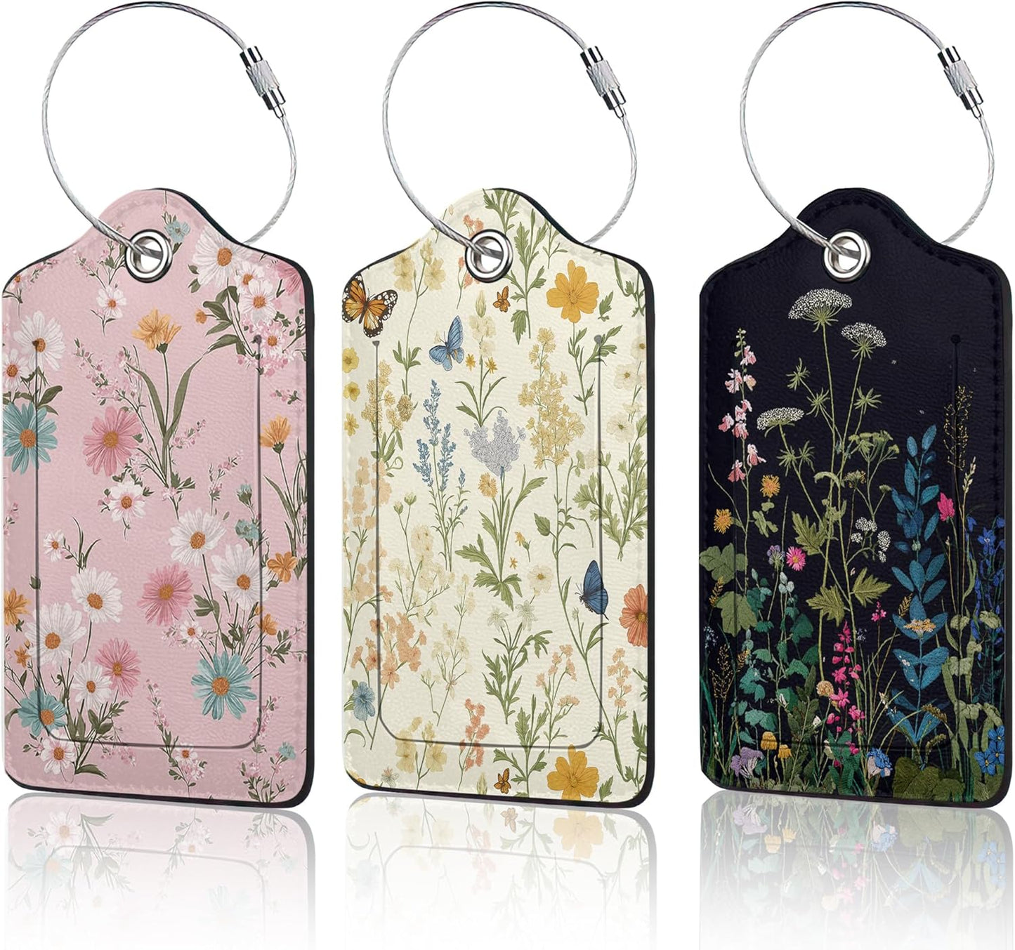 3 PCS Herbs Wild Flowers Luggage Tags,Vintage Floral Suitcase Tags Privacy Cover ID Label with Stainless Steel Loop and Address Card for Travel Bag Suitcase