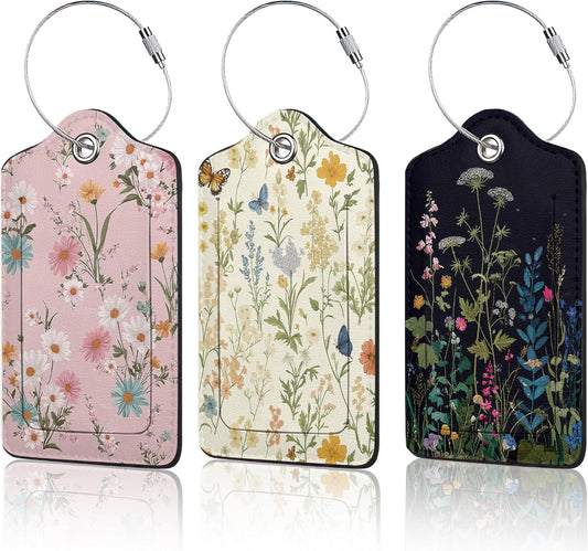 3 PCS Herbs Wild Flowers Luggage Tags,Vintage Floral Suitcase Tags Privacy Cover ID Label with Stainless Steel Loop and Address Card for Travel Bag Suitcase