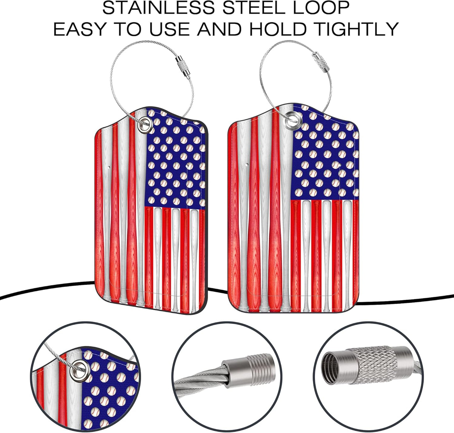 2 Pack Luggage Tags,Baseball American Flag PU Leather Idea Baggage Tag with ID Labels Privacy Cover Metal Ring Men and Women Travel Bag Labels