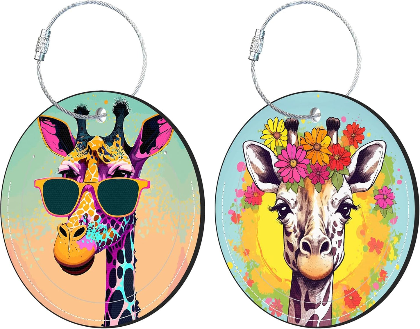 Round Cute Luggage Tags 2 Pack Funny Giraffe Creative Baggage Tags,Cruise Travel Baggage Suitcases Tag with Stainless Steel Loop ID Tag Privacy Flap