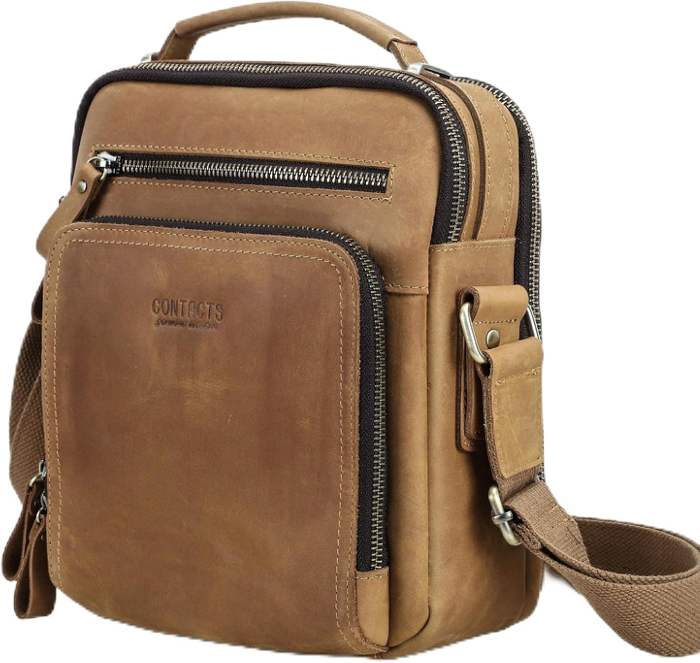 Top Grain Leather 11" Messenger Bag for Man & Woman, Multi Pockets, Fits to 8.3"/10.9" iPad for Daily/School/Business/Travel