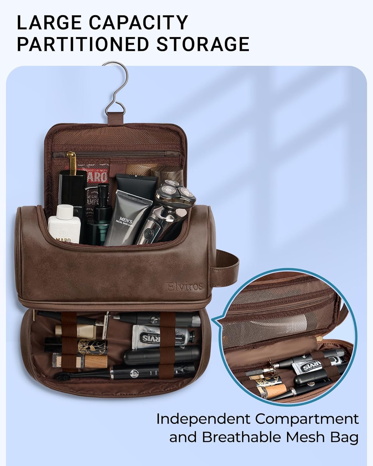 Elviros Toiletry Bag for Mens PU Leather Travel Organizer Kit with Hanging hook, Large Water-resistant Toiletries Bathroom Shaving Bags (Coffee)