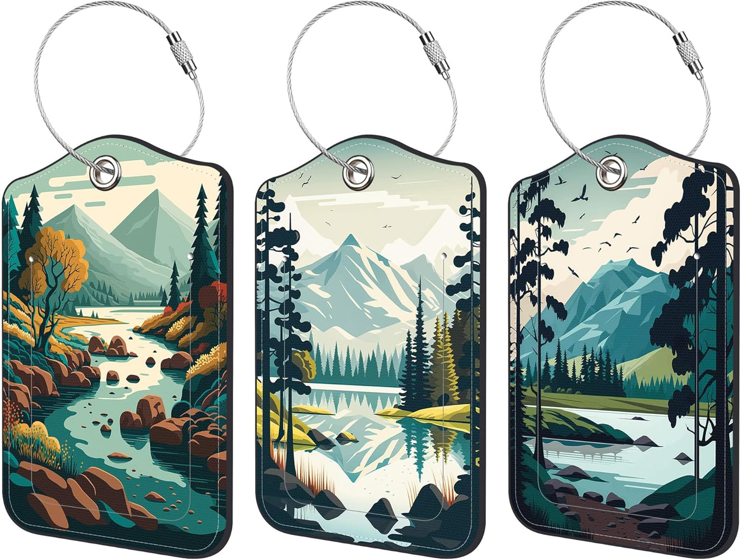 3 Pack Luggage Tag for Suitcase Mountain Lake Scenery Leather Travel Cruise Luggage Tag with Stainless Steel Loop Name ID Label Privacy Cover for Adults Teens Travel Bag Labels Set