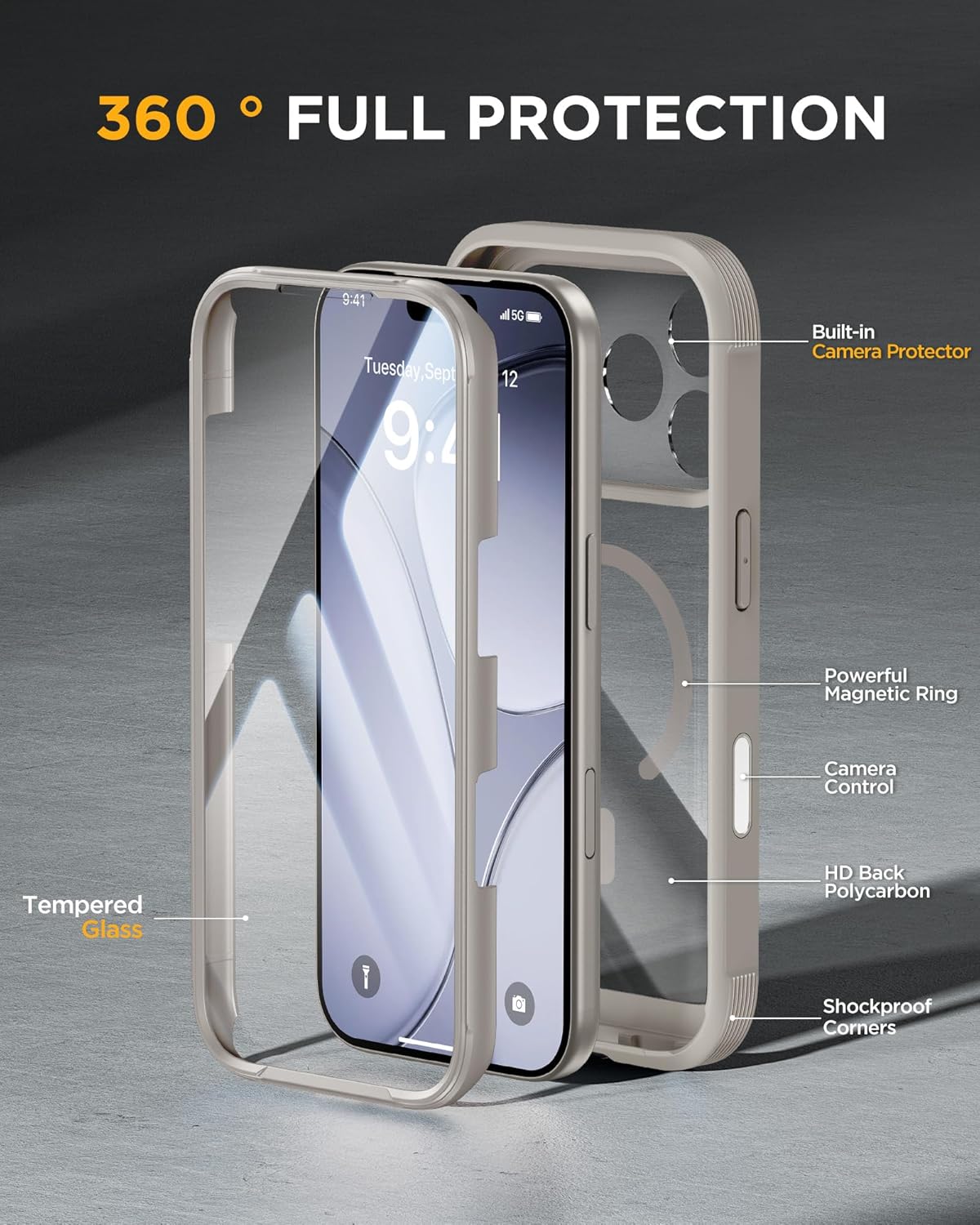 Miracase for iPhone 17 Pro Max Case 6.9" Full-Body Phone Case with Built-in Glass Screen Protector& Full Camera Protector,[Magnetic with MagSafe] Drop Proof 17 ProMax Cover, Grey Titanium