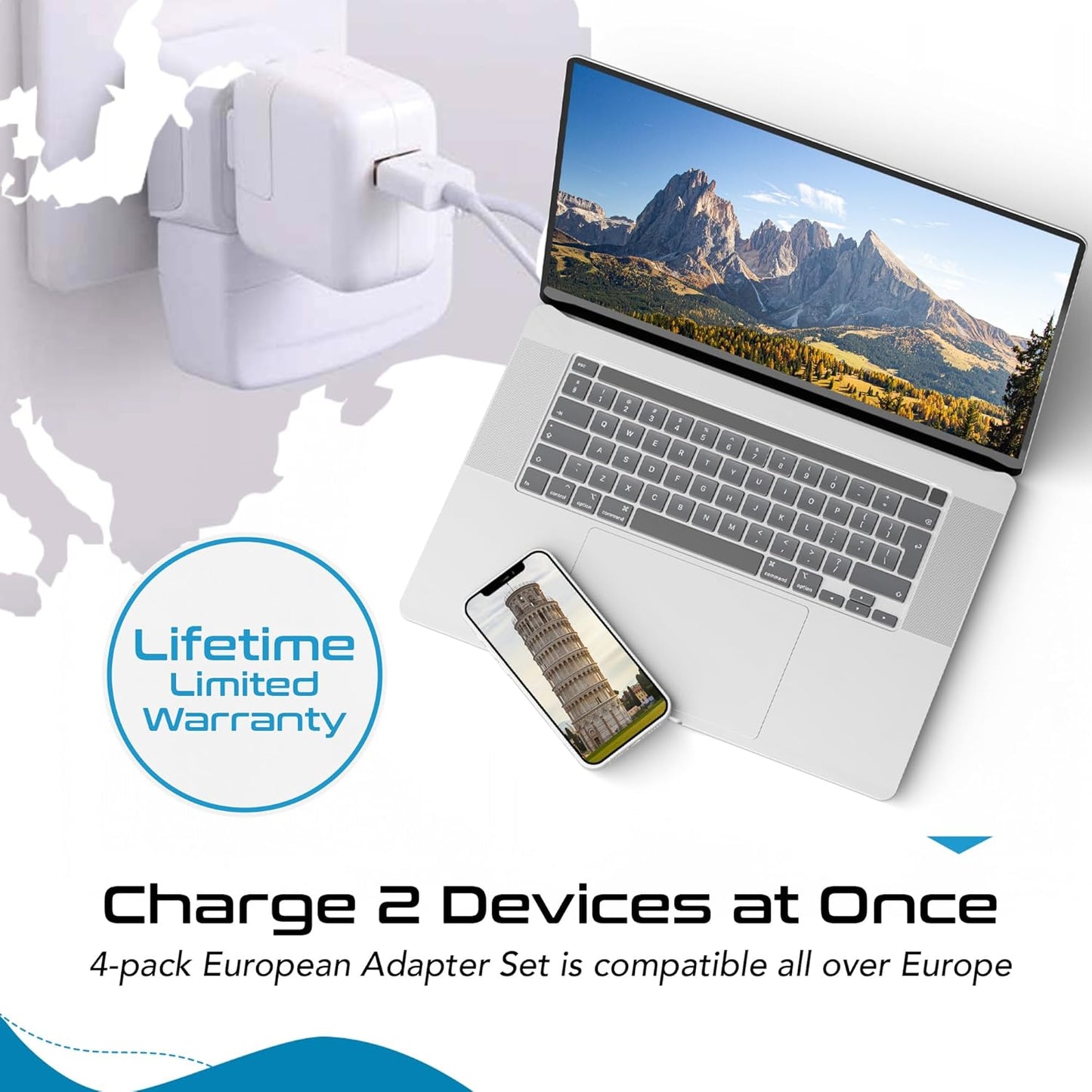 Ceptics European Plug Adapter 4 Pack Set, USA to Europe, Italy, Germany, England, Spain, Italy