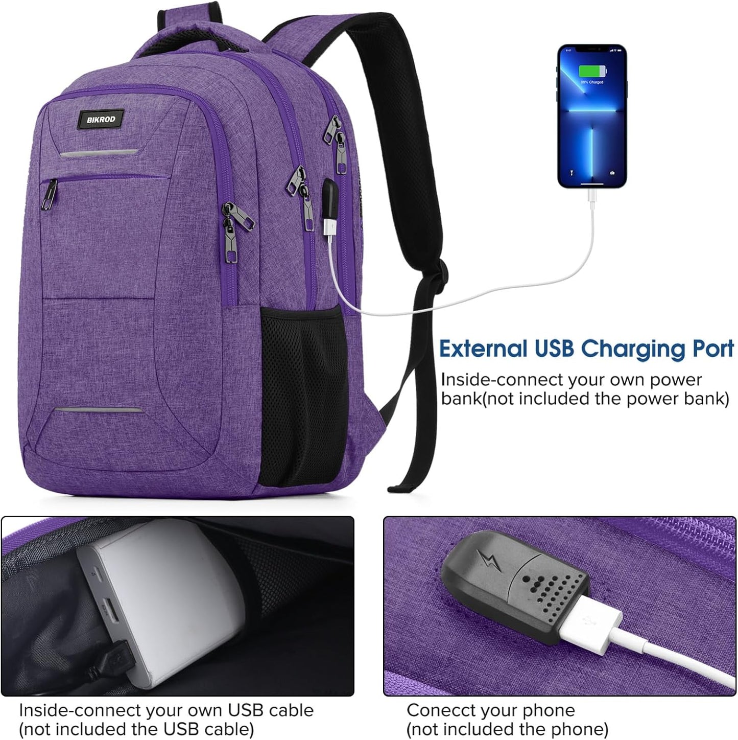 BIKROD Backpack for Men Women, School Backpacks for Teen Boys, Business Anti Theft Sturdy Travel Laptop Backpack with USB Charging Port, Water Resistant 15.6 Inch Computer Bag Gift, Purple