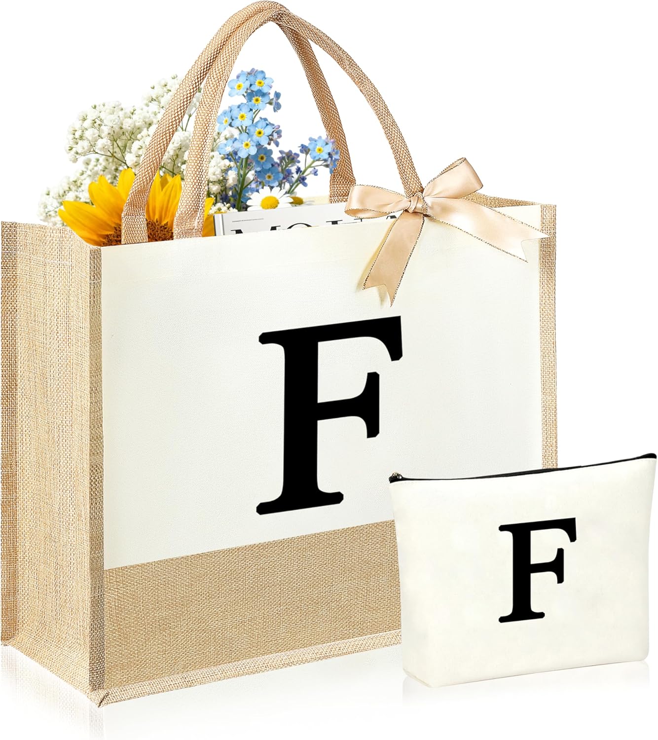 Initial Canvas Tote Bag & Makeup Bag for Women Teacher Bridesmaids，Personalized Present for Wedding, Birthday, Beach