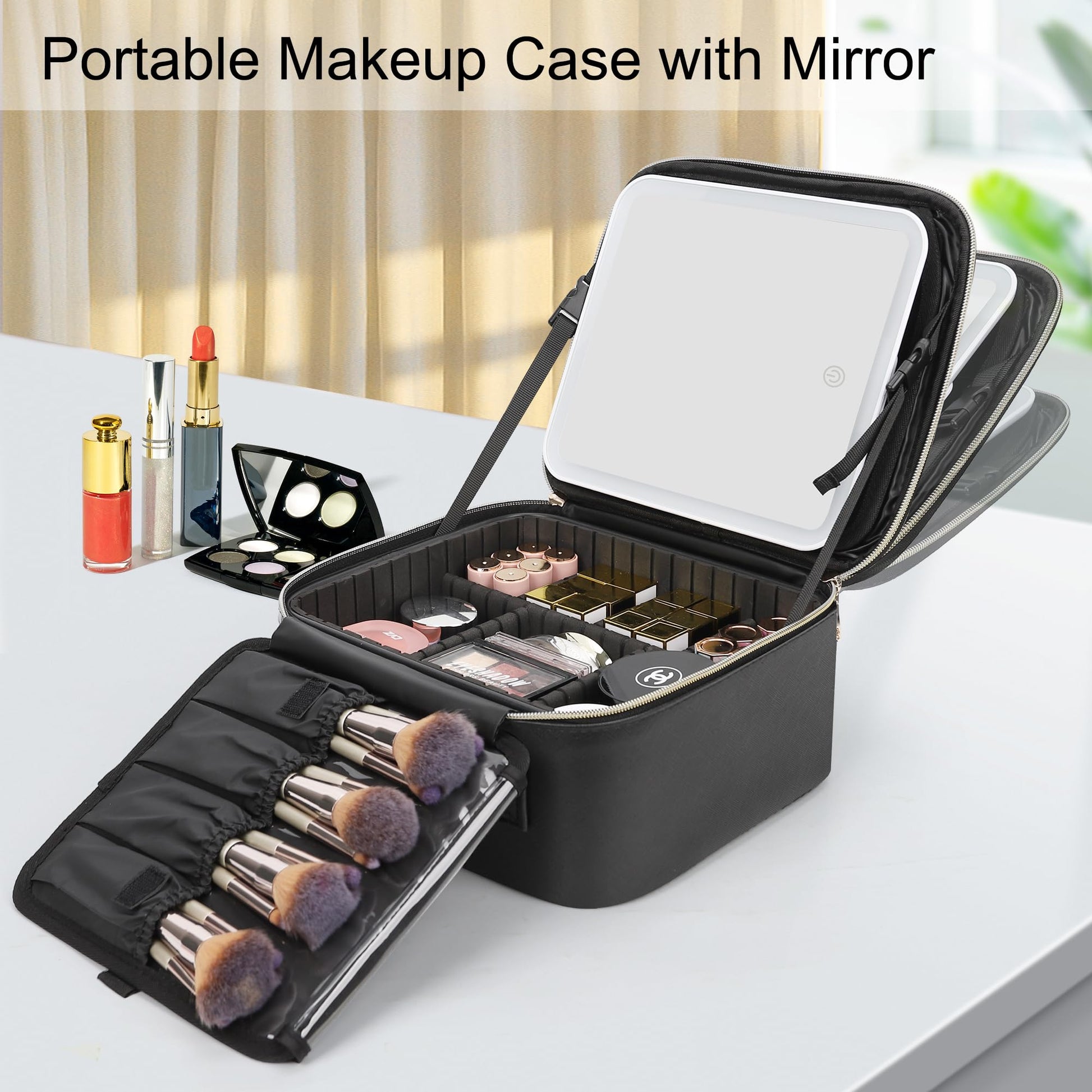 Relavel Travel Makeup Bag With LED Mirror, Cosmetic Train Case with Light up Mirror, Portable