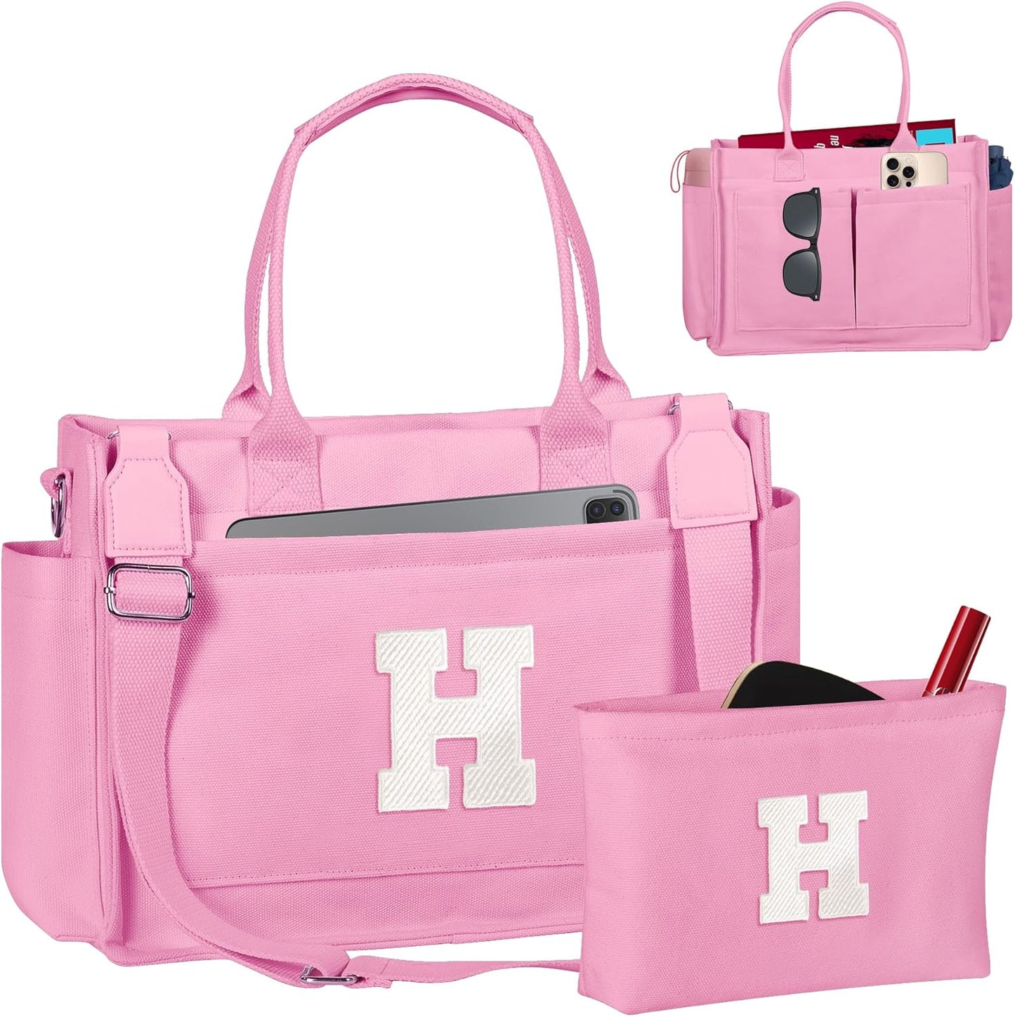 Gifts for Women Teen Girls, Initial Tote Bag with Zipper, Letter Canvas Tote Purse for College Work Laptop Beach