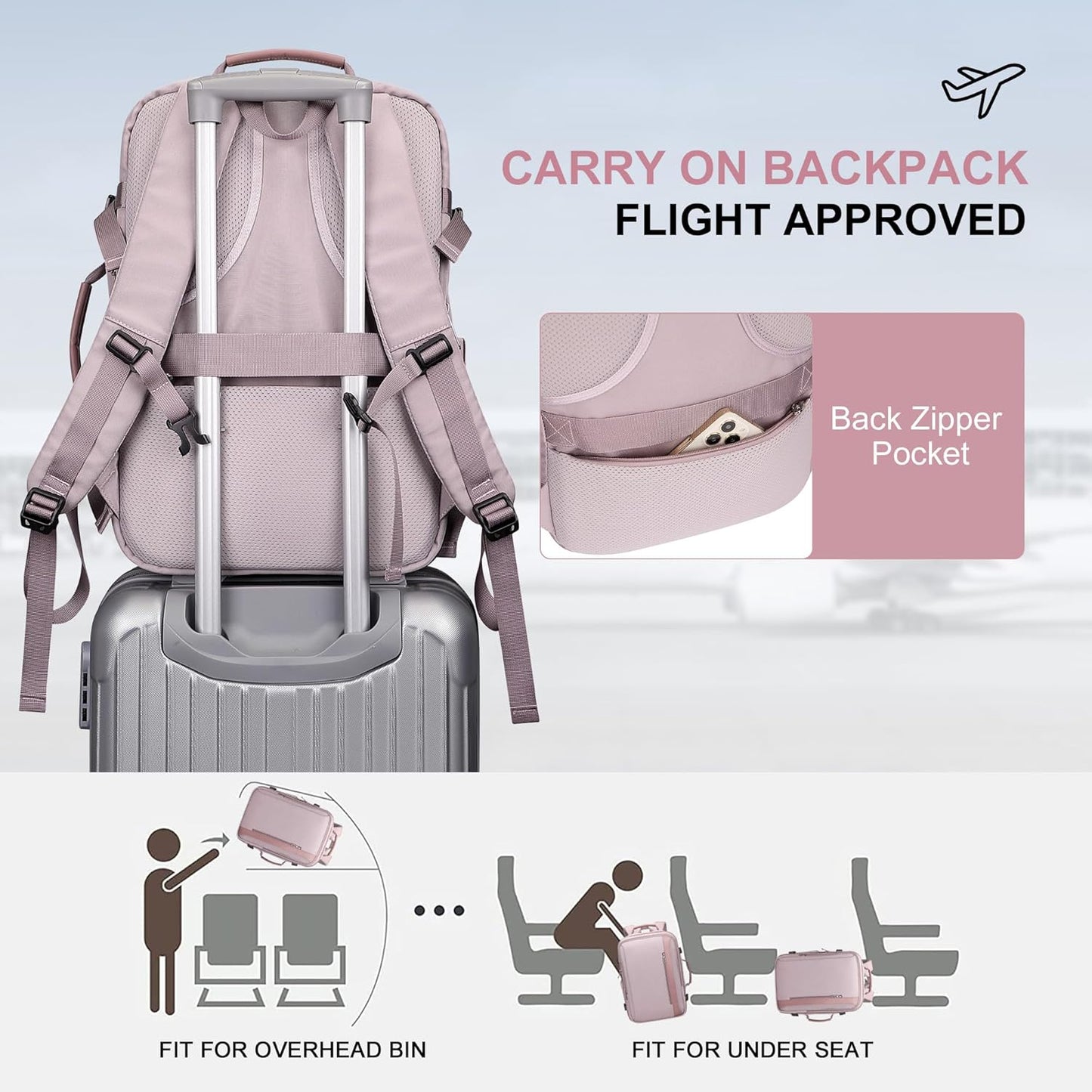 PIJUSHI Travel Backpack for Women Expandable Carry on Luggage Backpack Airline Approved Personal Item Laptop Bag(PE034 Light Purple)