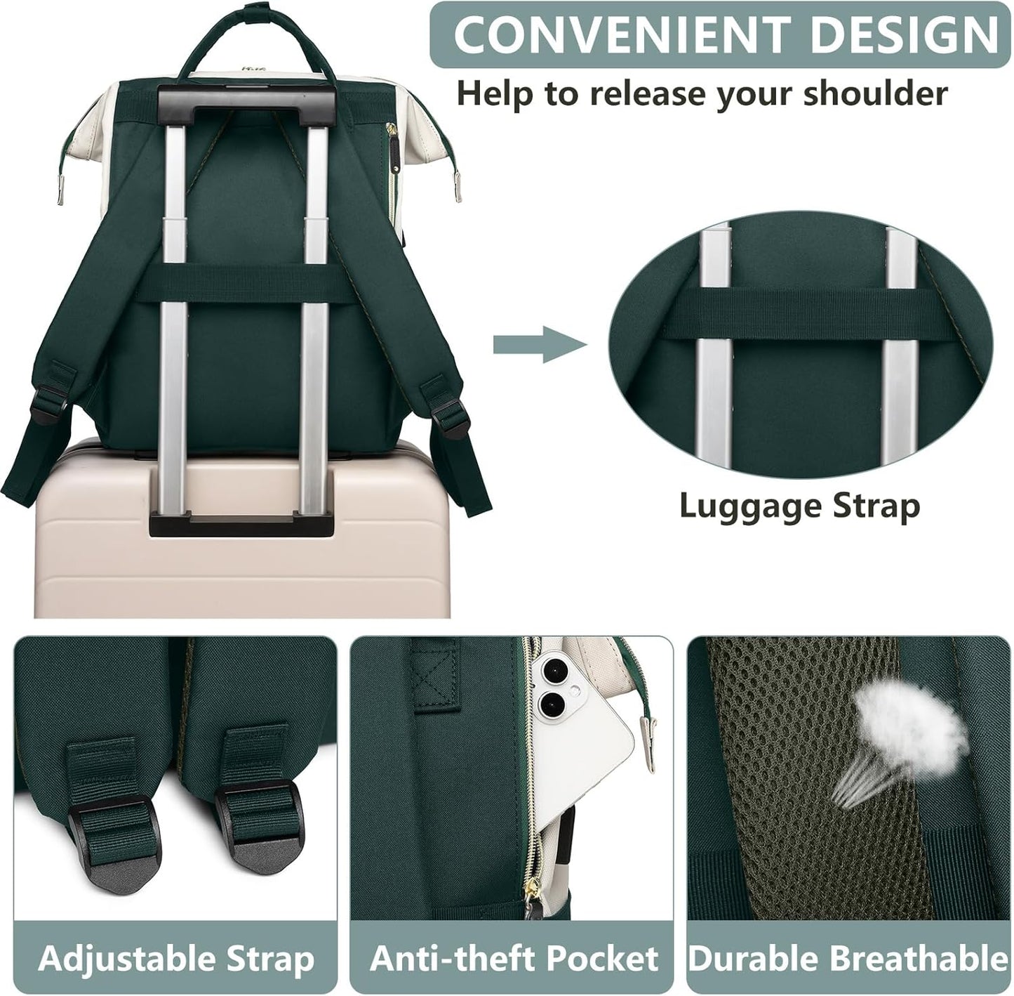 Laptop Backpack Women Work Bag: 15.6 inch Work Bookbag with USB Charging Port Large Travel Backpack Purse for College Nurse Casual Daypack for Teacher Professional Computer Backpack Beige Dark Green