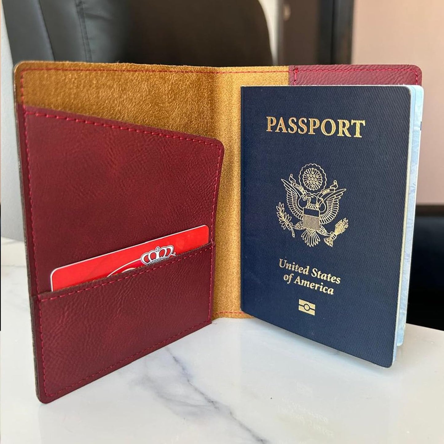 LaserGram Faux Leather Passport Holder, Aztec Calendar, Personalized Engraving Included (Burgundy)