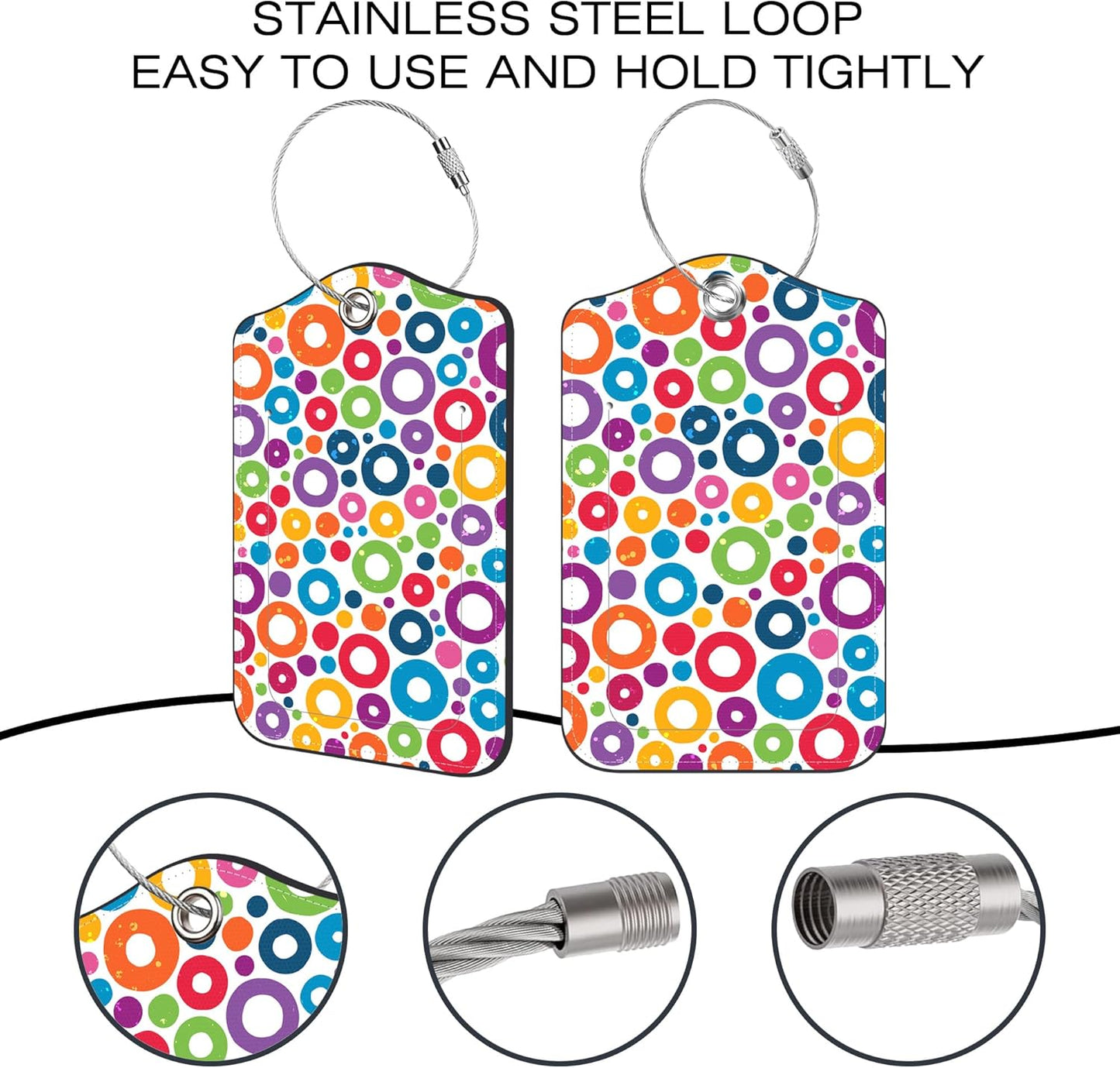 2 Pack Luggage Tags,Colorful Circles PU Leather Idea Baggage Tag with ID Labels Privacy Cover Metal Ring Men and Women Travel Bag Labels