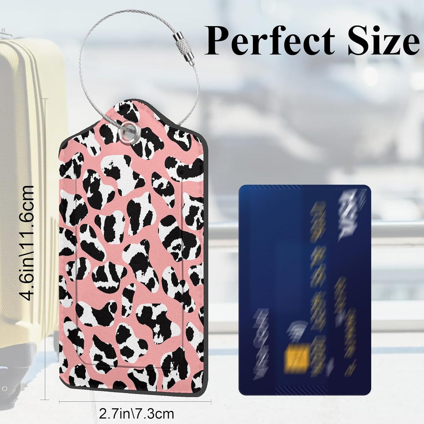 Set of 2 Luggage Tags for Suitcases, Leather Abstract Leopard Pink Metallic Foil Texture Baggage Tags with Stainless Steel Loop, Privacy Name ID Card Cover Travel Labels for Women Men