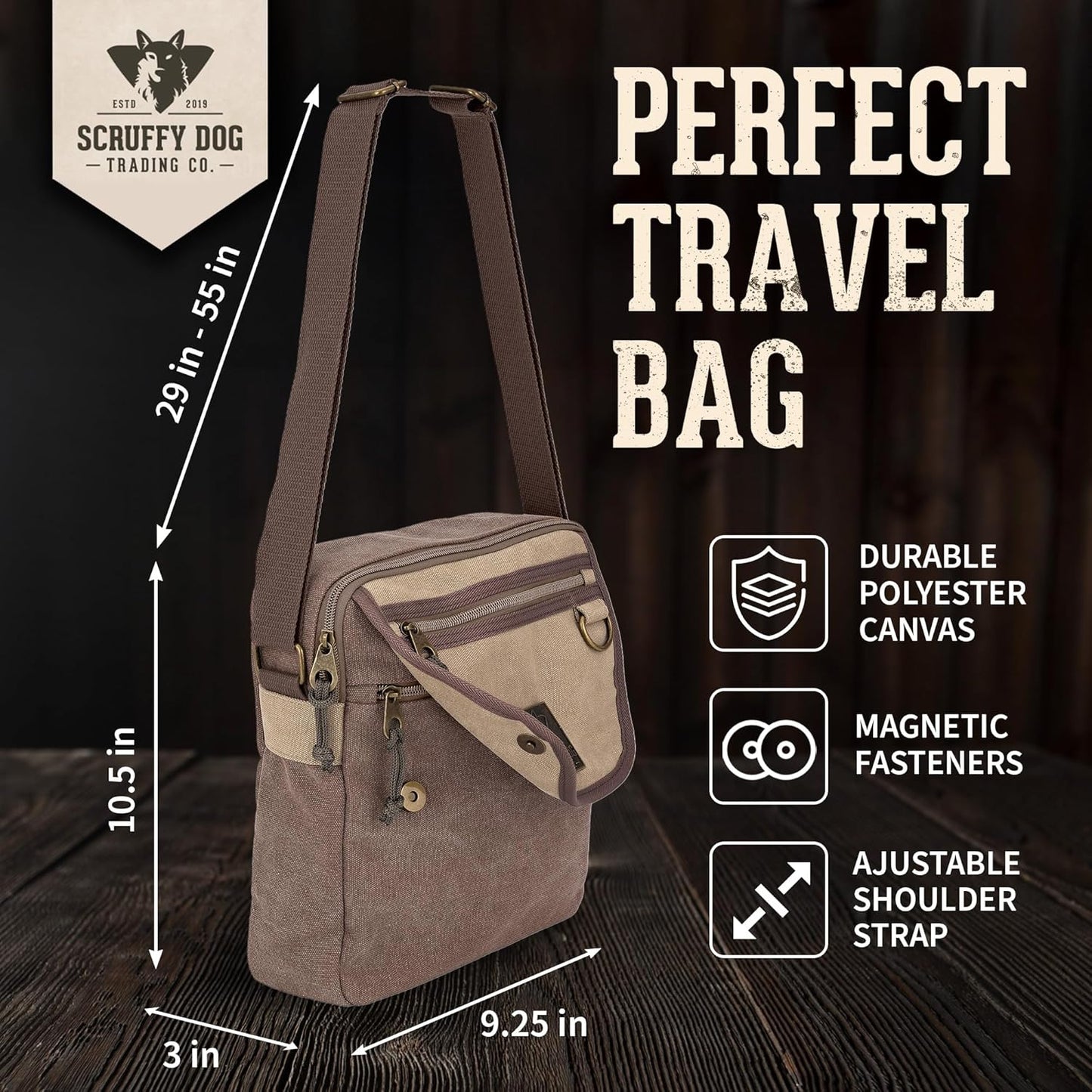 SCRUFFY DOG Crossbody Messenger Bag for Men and Women - Canvas Shoulder Bags with Adjustable Strap - Small - 11 inch