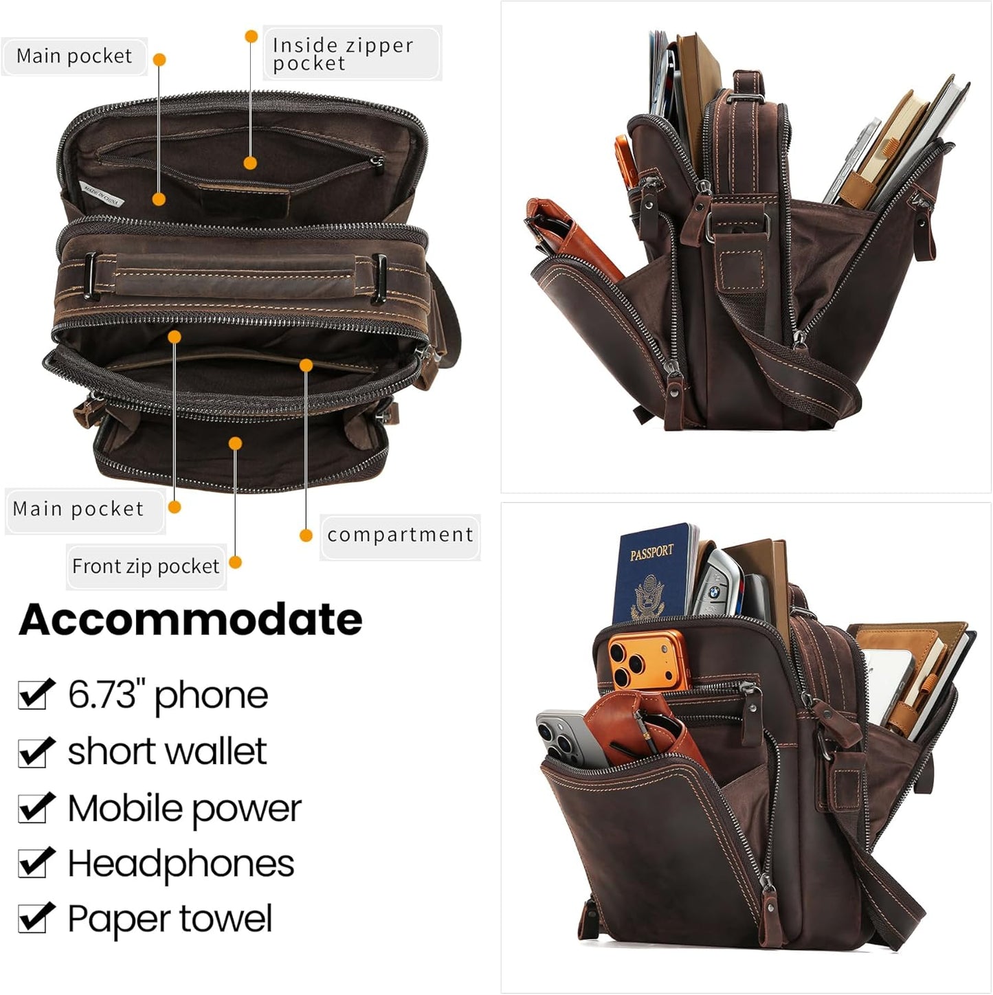 Genuine Leather Small Messenger Bag for Men Vintage Shoulder Crossbody Bags for Work Business Travel