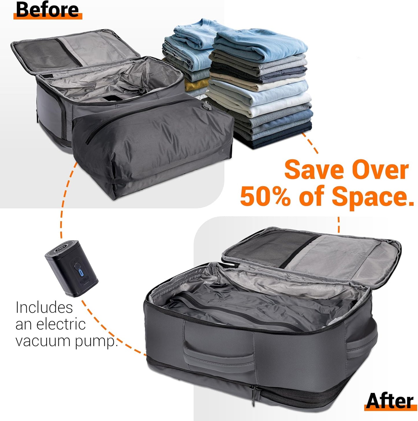 Vacuum Seal Backpack for Travel with Pump, 60L Expandable Backpack with Detachable Vacuum Compression Bag Waterproof Carry On Large Travel Bag for Airline Laptop Backpack with Shoe Compartment Gray