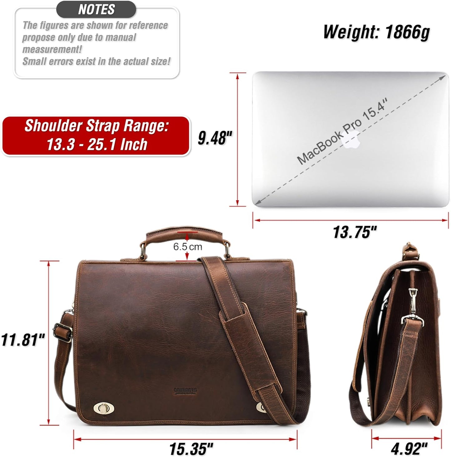 Top Grain Leather 15.4" Laptop Briefcase Crossbody Handbag, Vintage Design & Multi Pockets & Luggage Strap, Fits to 2025 MacBook Pro/Air 13.3"/14.2"/15.4"/16" & A4/A5 Paper, Coffee 15.4 Inch