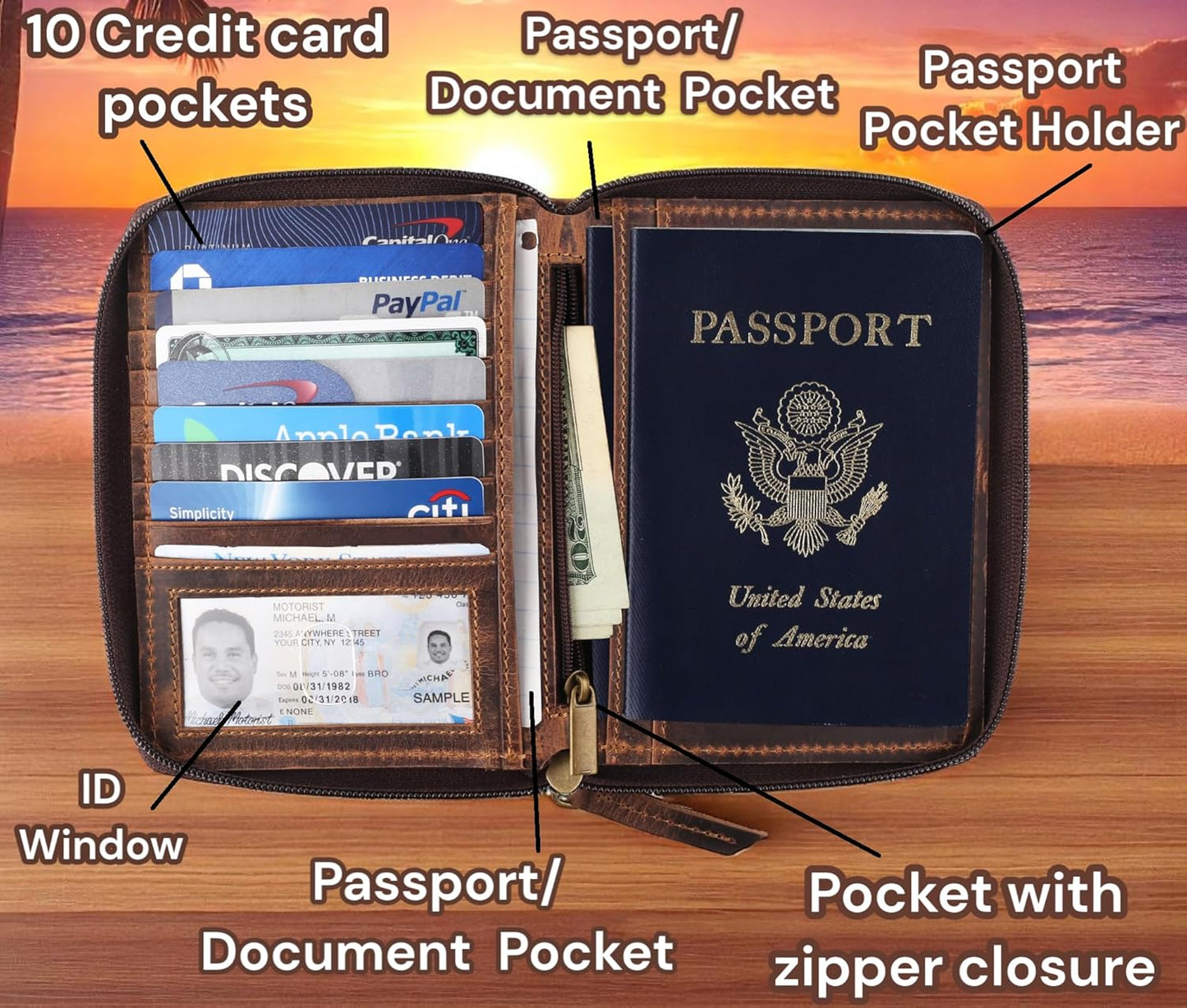 Passport Wallet - Travel Document Holder w/RFID Blocking – Full Grain Leather – Bifold compact zip around Wallet with Credit Card Slots for Women and Men, brown skull,500-31