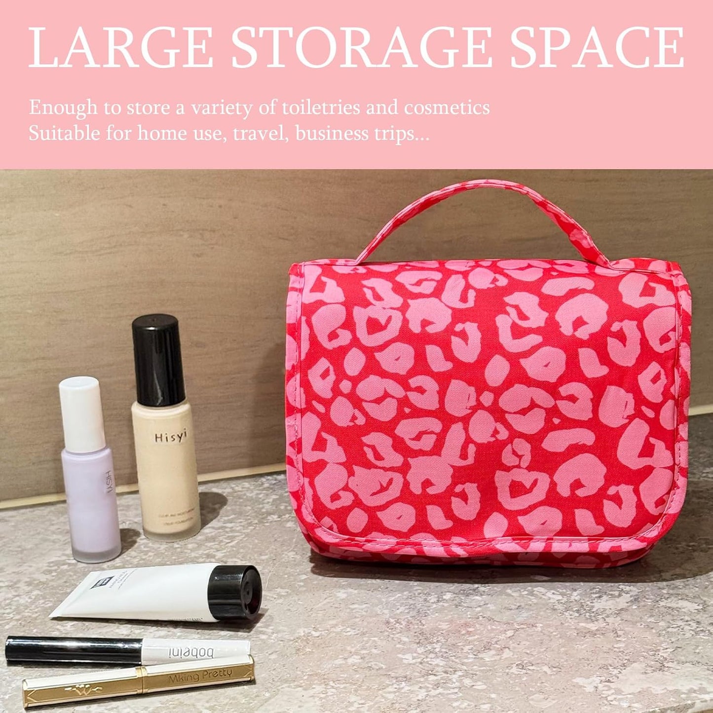 Crazy Bison Hanging Travel Toiletry Bag Kit Makeup Bag Cosmetics Organizer for Men Women (Hot Pink Leopard)