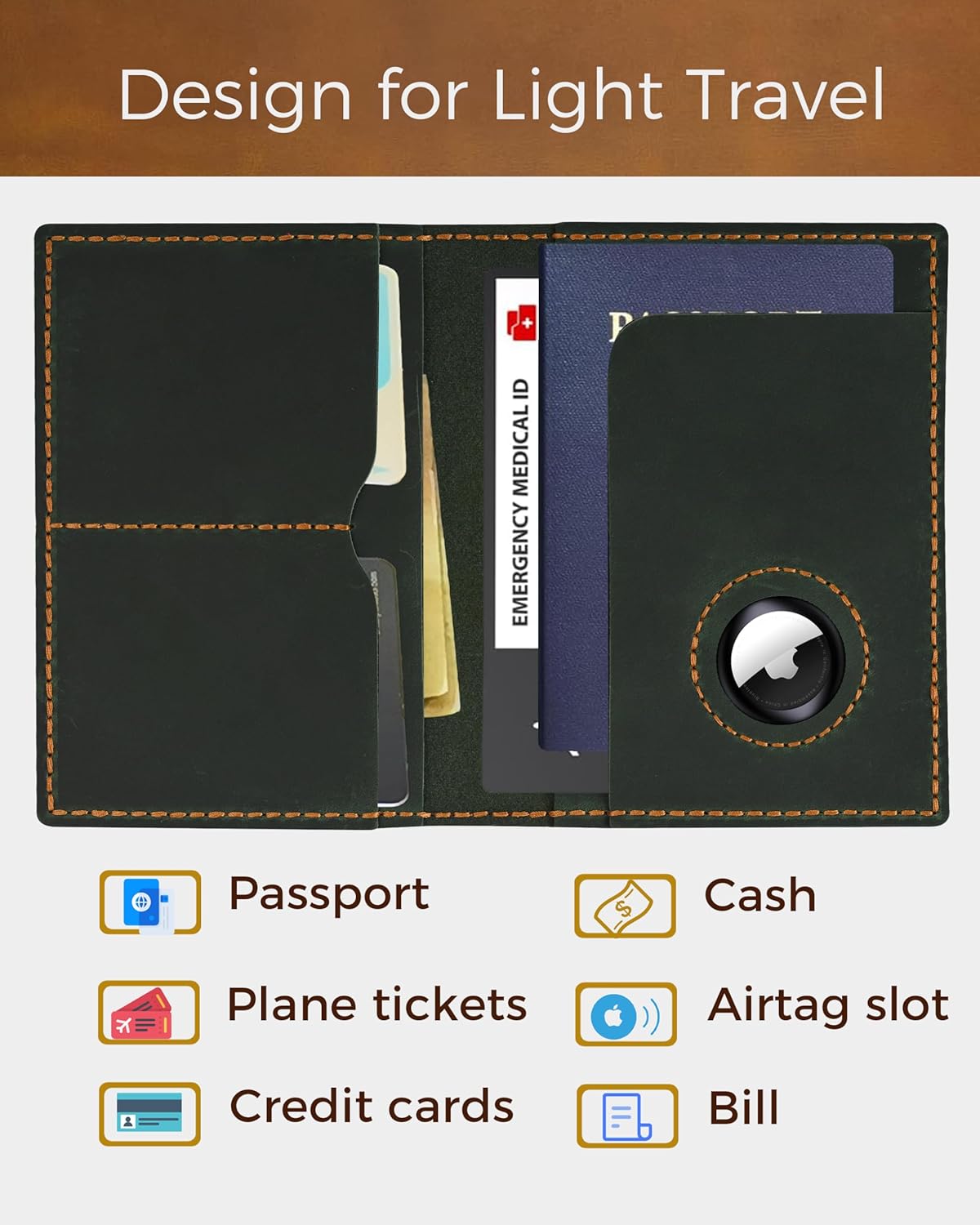 Passport Holder for Travel, Airtag Genuine Leather Passport Holder, Passport Cover Wallet Case for Women Men, Travel Essentials Gift, Green