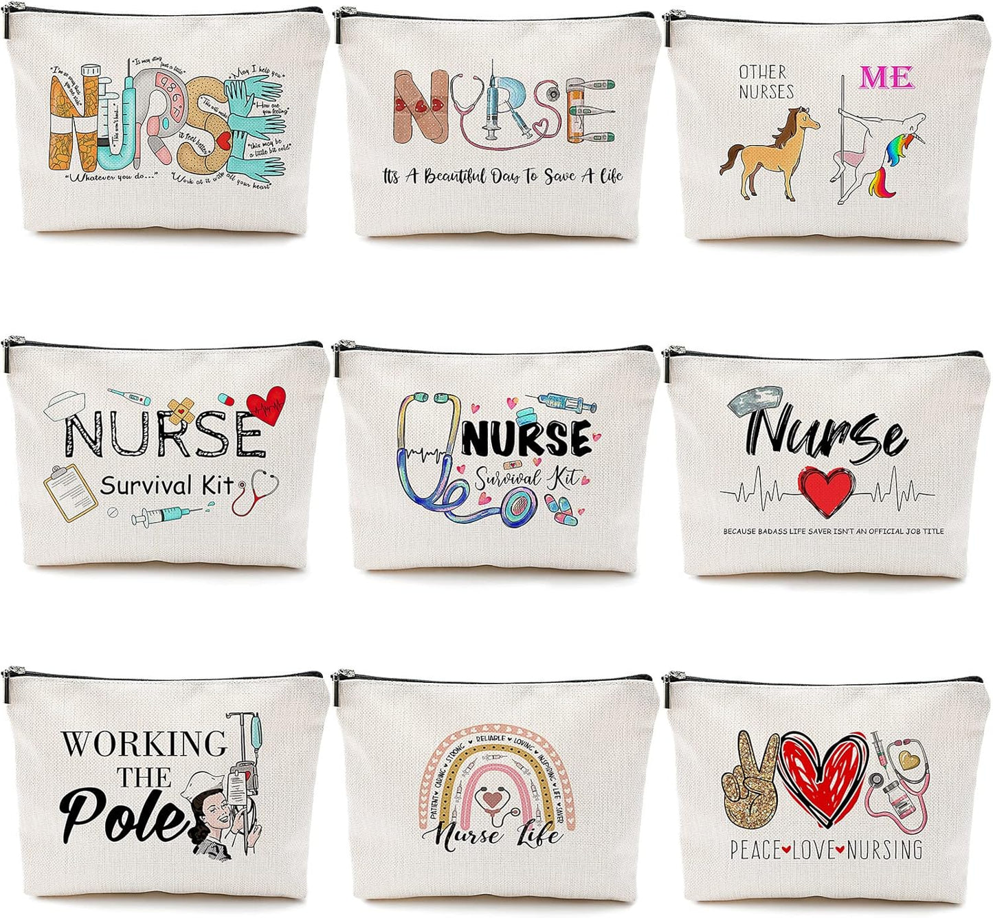 Pinkunn 9 Pcs Christmas Gifts Nurse Makeup Bags Nursing Gifts for Women Cosmetic Bag with Zipper Nursing Travel Toiletry Bag Survival Kit for Birthday Gift Funny for Nurses Student Thank You