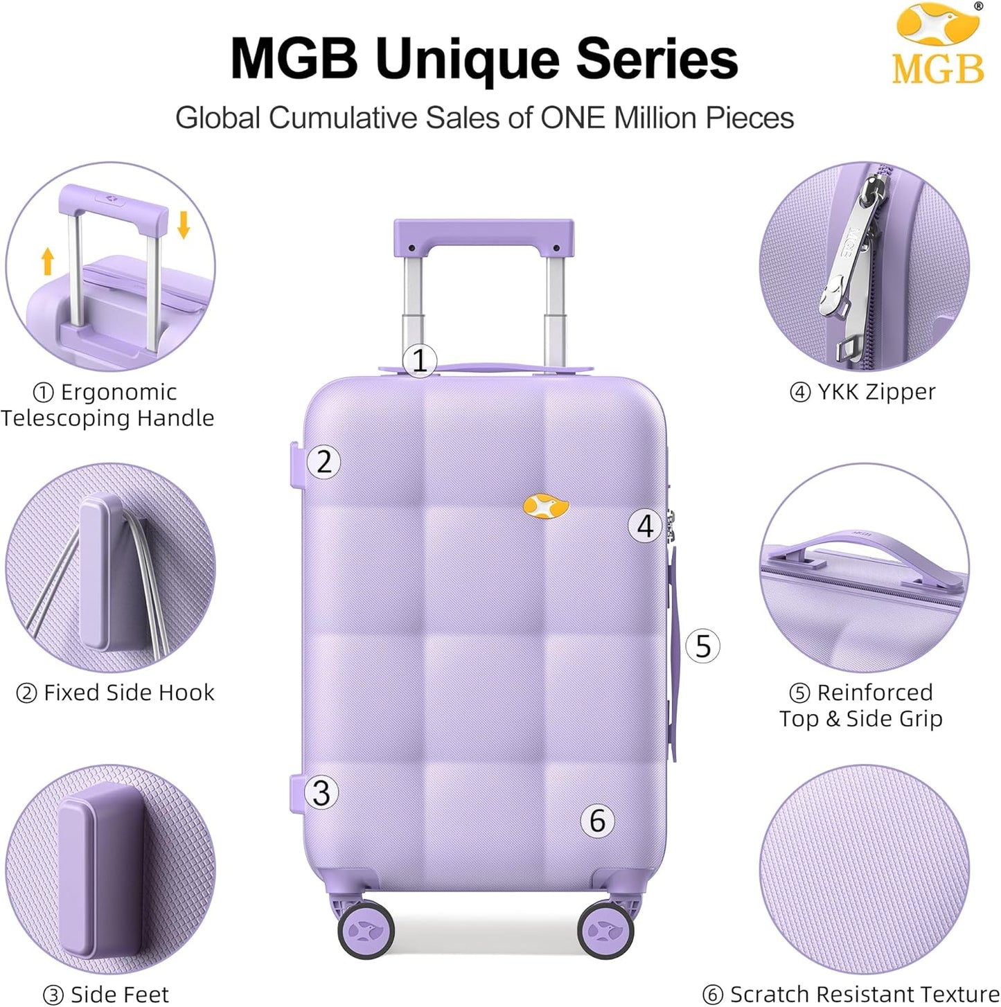 MGB 24 Inch Luggage Suitcases With Spinner Wheels Lightweight PC Hard Shell Rolling Suitcase with Travel Lock for Travel Woman Men, Checked-Medium 24-Inch, Purple