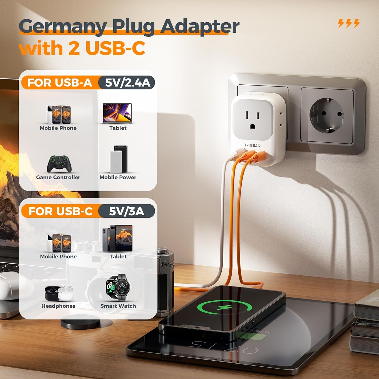 TESSAN Type E F Plug Adapter, France Travel Power Adaptor with 3 USB Ports(2 USB C) and 4 AC Outlets, US to Europe EU Germany Spain Greece Portugal Iceland Paris Russia Poland Norway