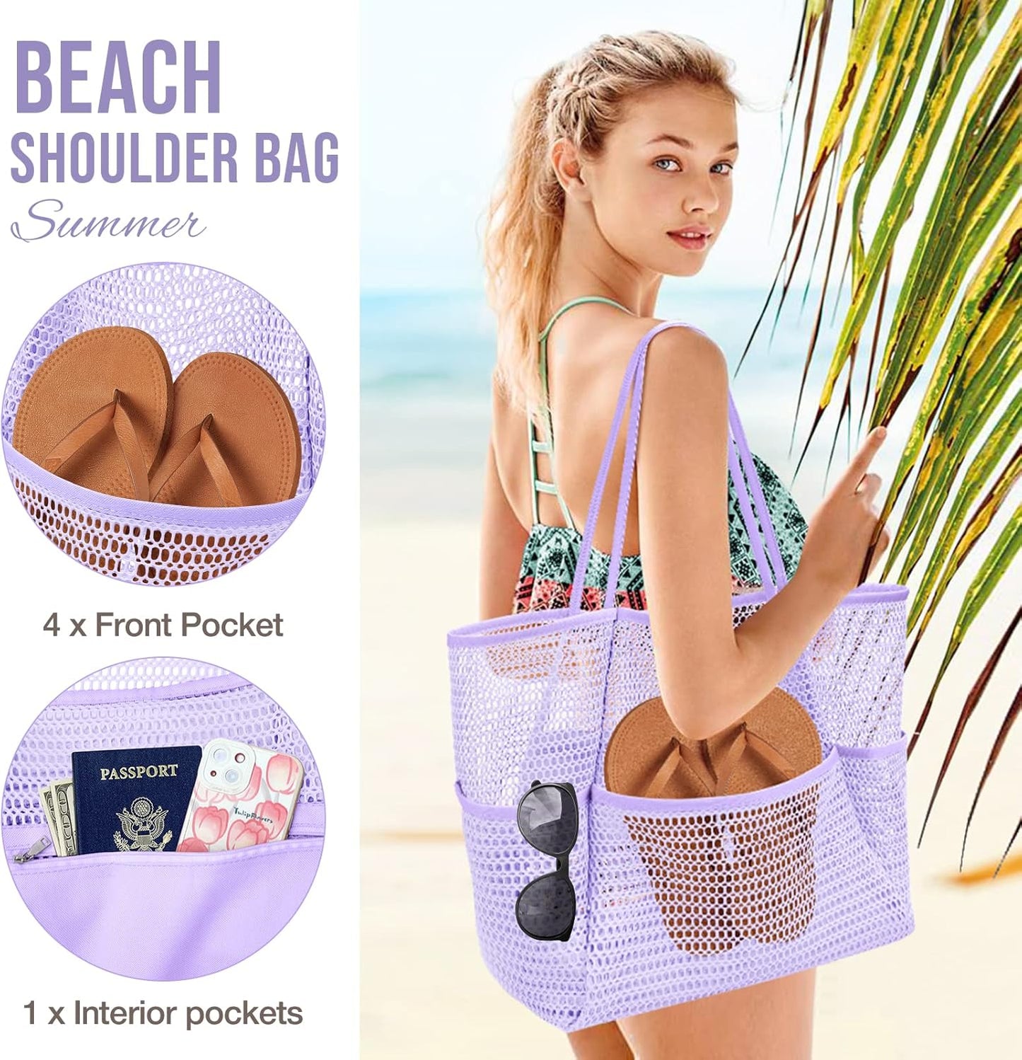 KPX Beach Bag with Mini Pocket, Beach Tote Bags for Women Large Foldable Mesh Swimming Pool Travel Bags - Sandproof