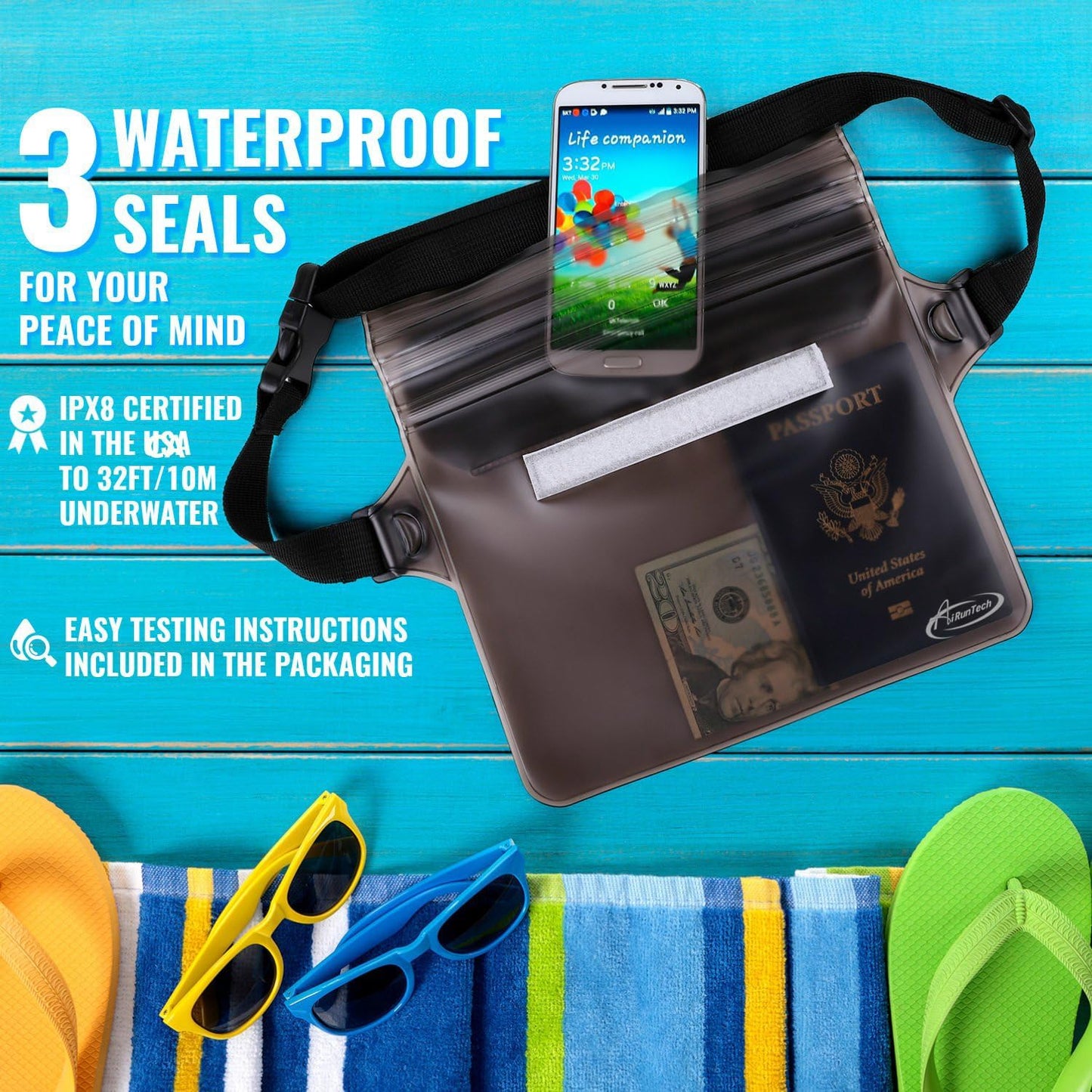 AiRunTech Waterproof Fanny Pack,Phone Pouch Dry Bag for Passport Wallet Purse,Floating Waterproof