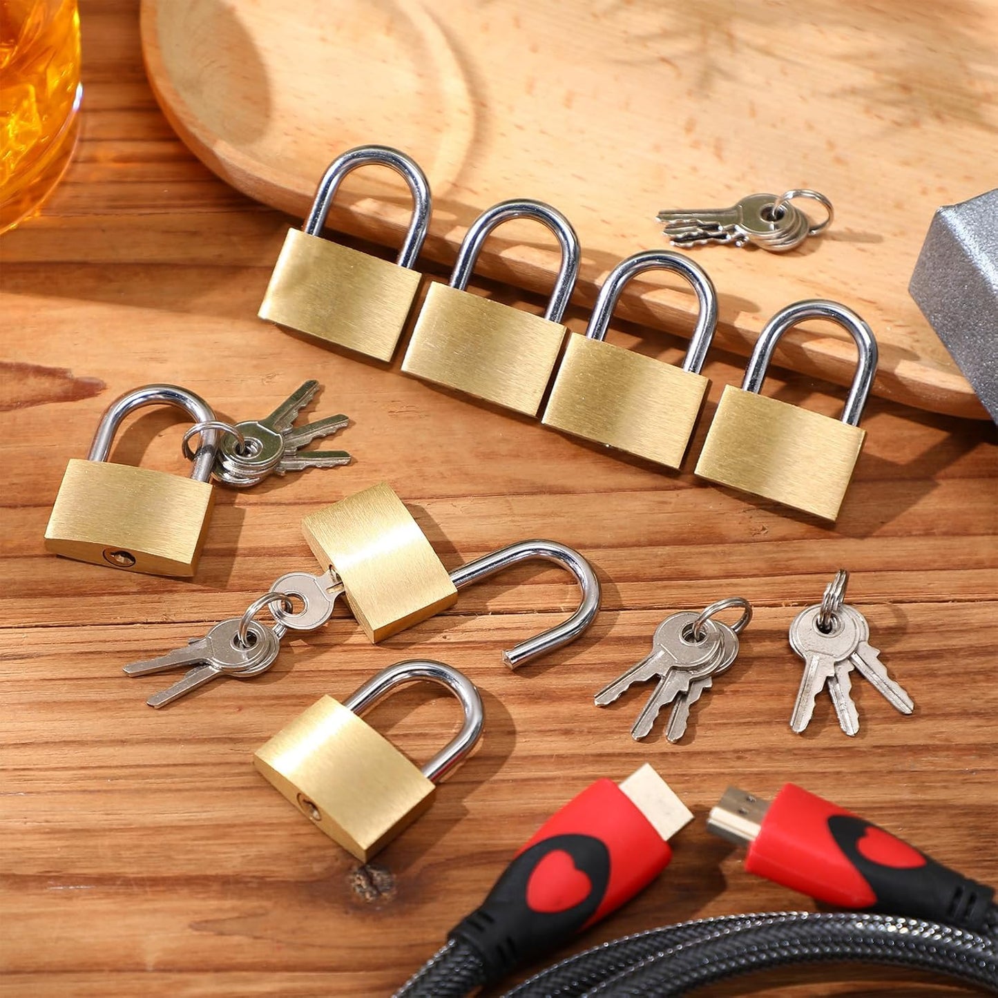 24 Pcs Solid Brass Keyed Padlock, Small Yellow Gym Lock, Strong Padlock with Different Key for Luggage Toolbox (1-3/16'')