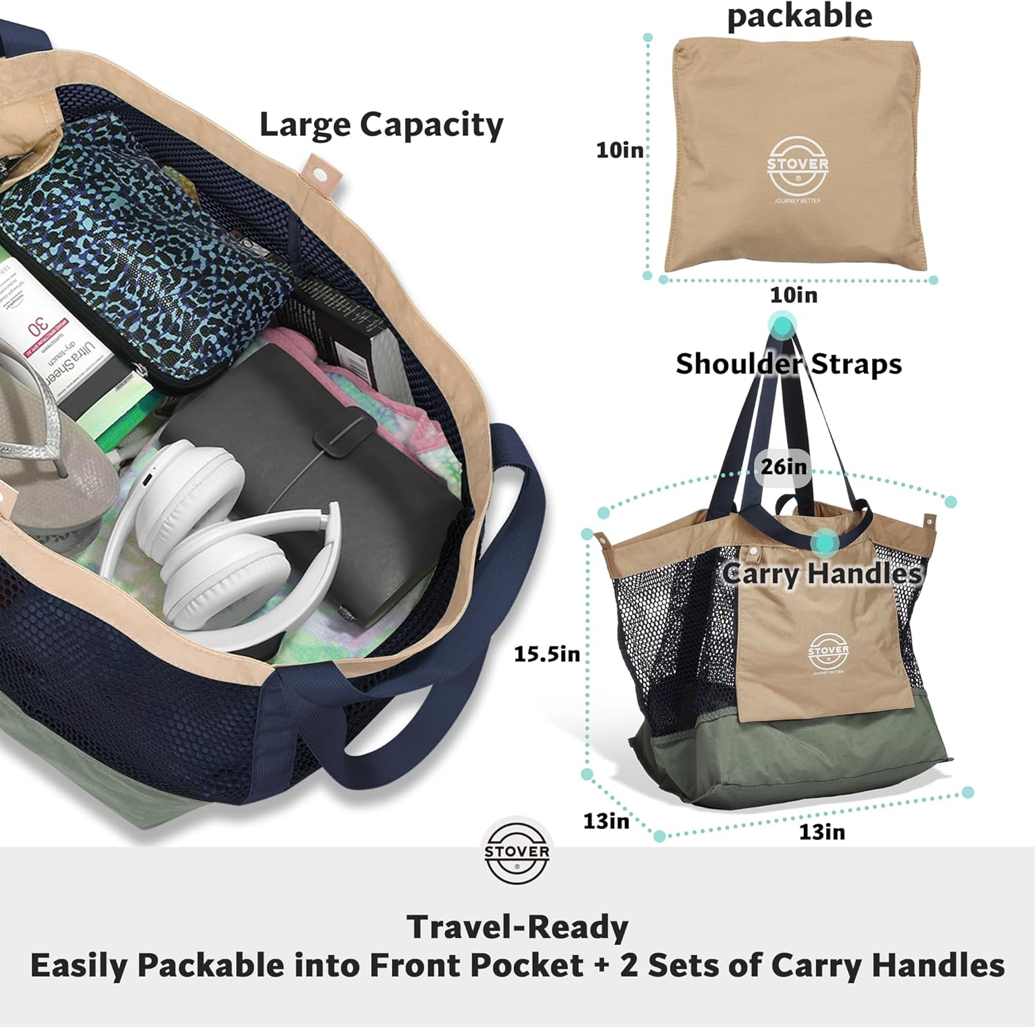 STOVER Large Mesh Beach Bag, Vacation, Pool, Shopping, & Travel Tote - Foldable w/Storage Pockets