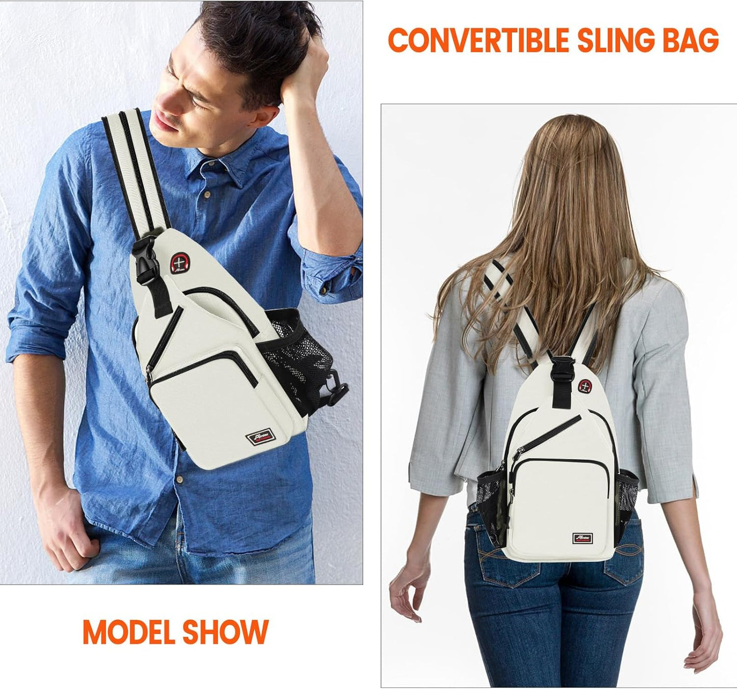 Crossbody Sling Backpack Men and Women Sling Bag Shoulder Backpack Travel Hiking Chest Bag Daypack (White)