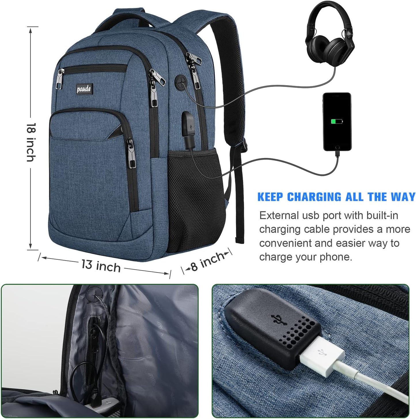 Paude Backpack School, Laptop, Bookbag for Teen Boys 15.6 Inch College, Business, Work, Travel (Blue, 15.6 inch)