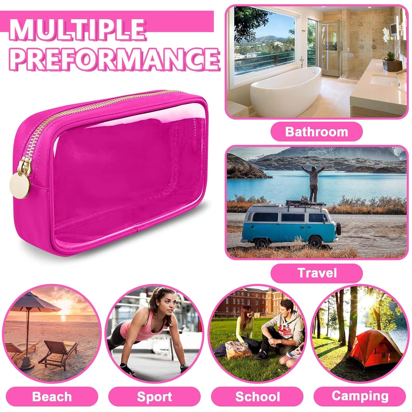 Clear Small Makeup Bag with Zipper, Nylon&PVC Cosmetic Travel Bag Preppy TSA Approved Toiletry Bag for Women Girls, Transparent Waterproof Makeup Pouches Cute Travel Bag for Purse(Small-Hot Pink)