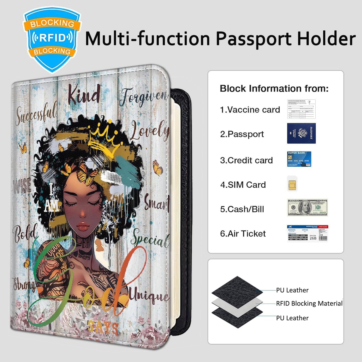 Passport Holder Women Wallet with Luggage Tag, Leather Passport Cover with RFID Blocking, Travel Accessories Multi Card Slot Passport Case for Men，African American Crown Girls