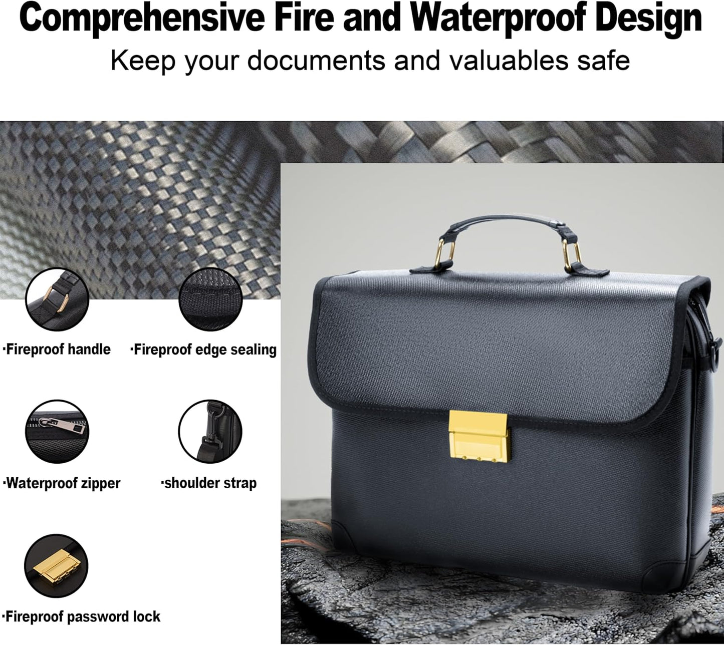 Vailoin Fully Fireproof Messenger Bag for Men, Metal Lock Laptop Briefcase with Adjustable Shoulder Strap, Water Resistant Satchel Shoulder Bag Crossbody for Office Business Travel College, Black
