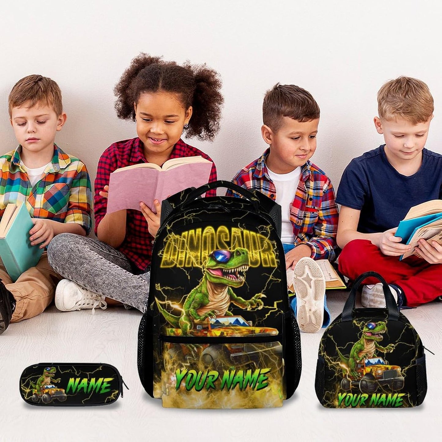 School Backpack with Lunch Box Set, Personalized Dinosaur Backpack for Boys, Custom Kids Bookbag with Name, 17 Inch Truck Book Bag with Pencil Case