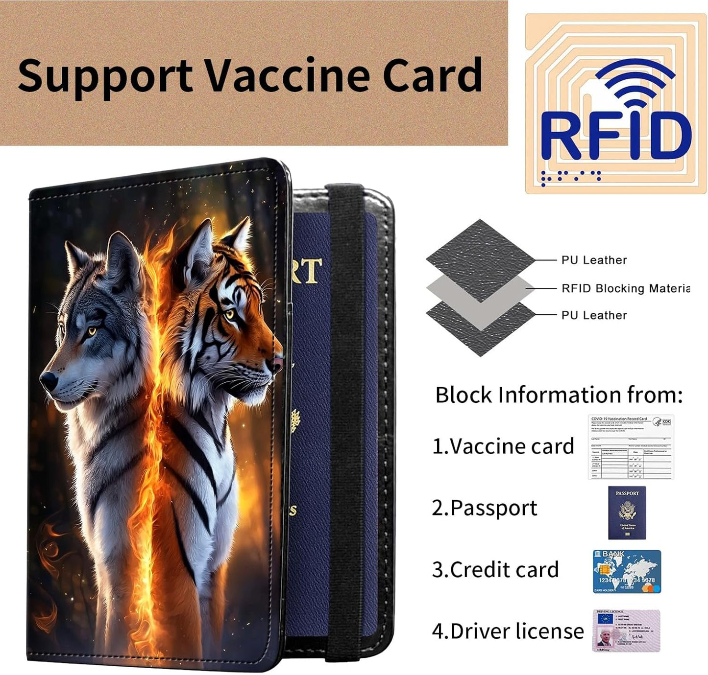 Passport and Vaccine Card Holder Cover Combo,Travel Passport Holder Wallet with RFID Blocking, Leather Vaccine Card Slot Passport Cover Case for Women & Men,A Wolf and A Tiger