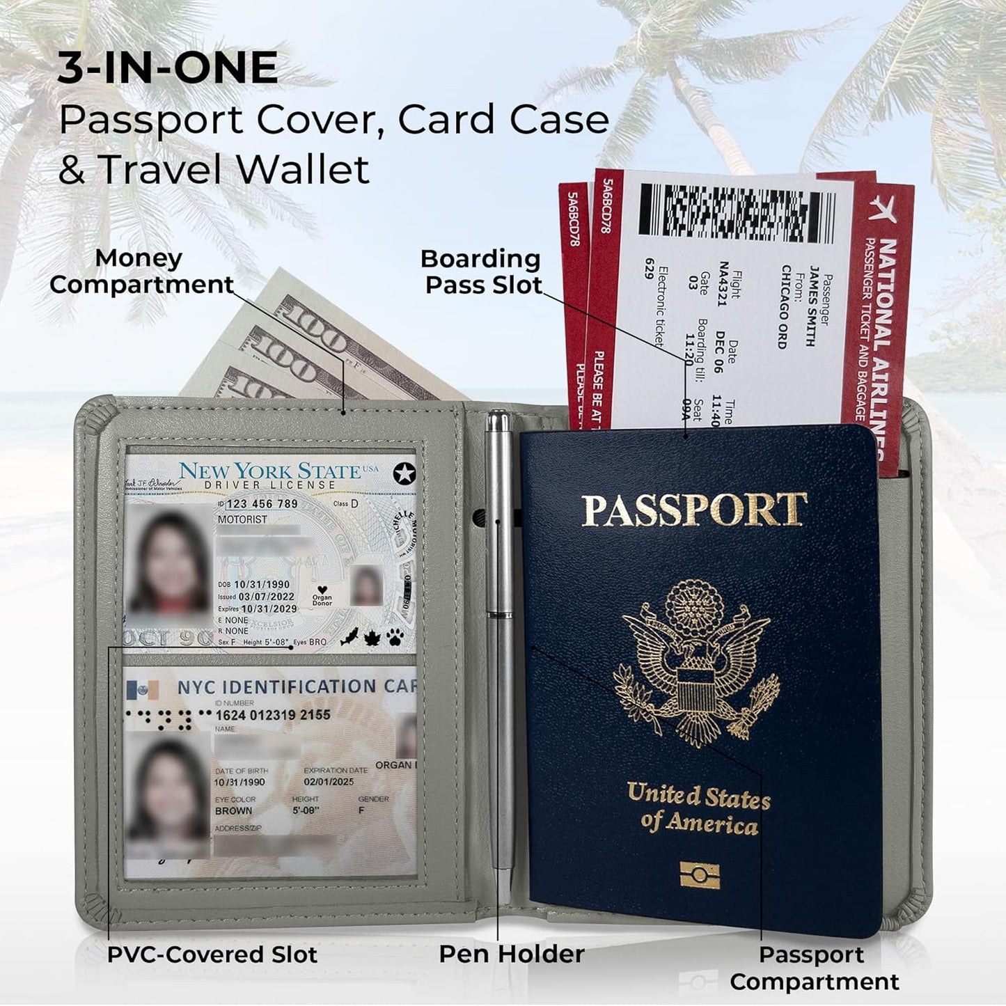 BOACAY Passport Holder and Vaccine Card Slot Combo - Travel Wallet and Waterproof Case for Women