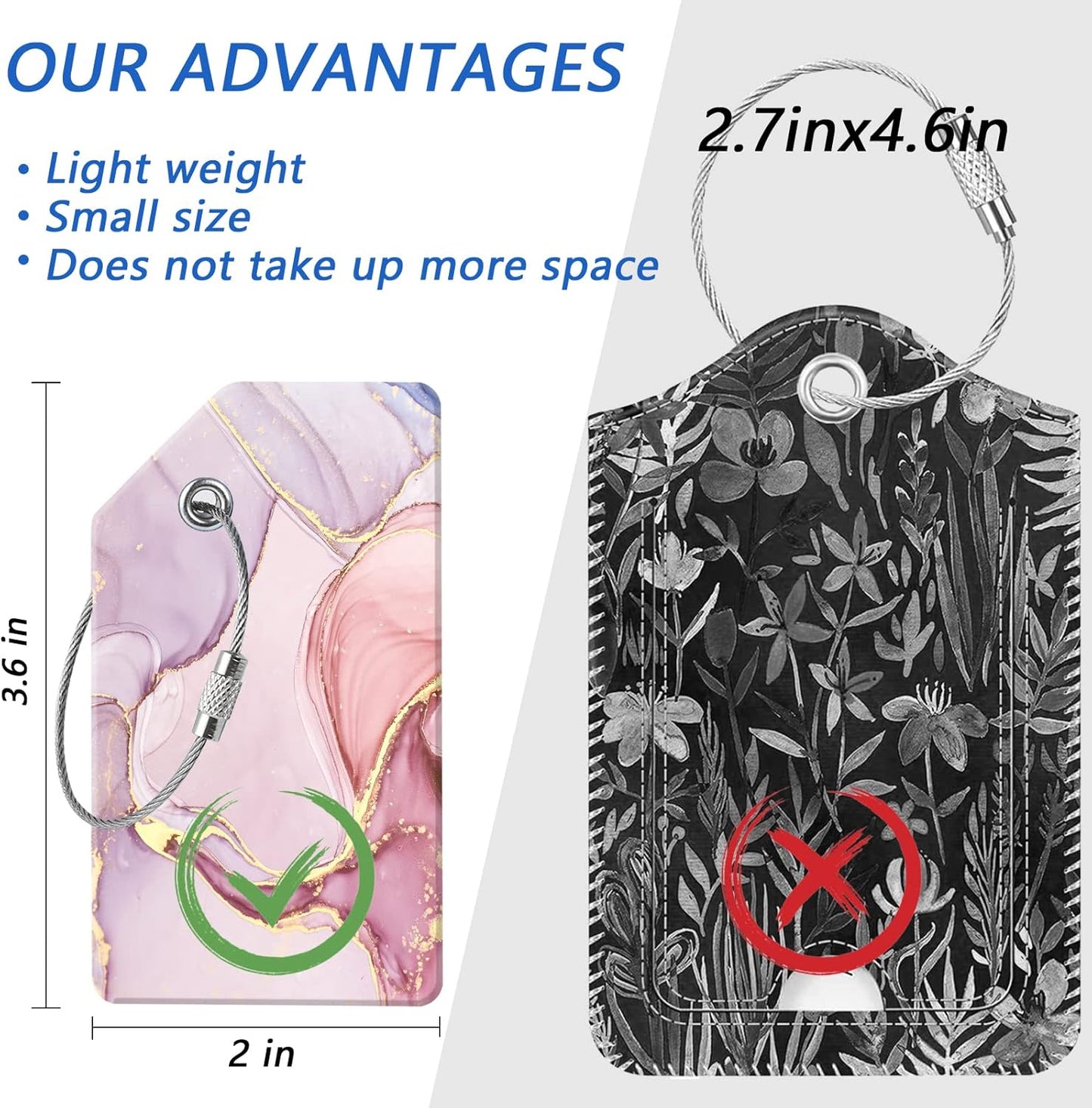 2 Luggage Tags, (1" Smaller Than Traditional) Perfect for Quick Luggage Identification with Stainless Steel Ring and Address Card for Travel and Luggage (Pink Marble)