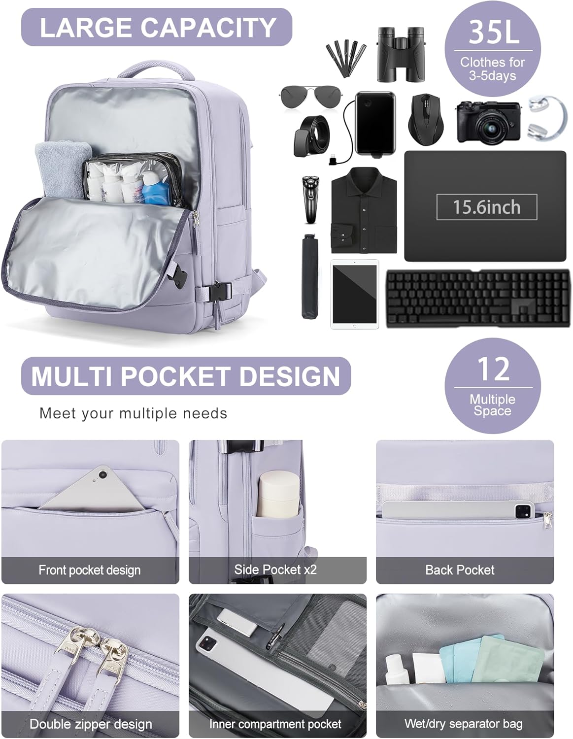 VGCUB Lightweight Travel Backpack for Women Men,Carry on Backpack Flight Approved Luggage,Water Resistant Laptop College Work Backpack Personal Item Daypack Bookbag Mochila de Viaje,Purple taro