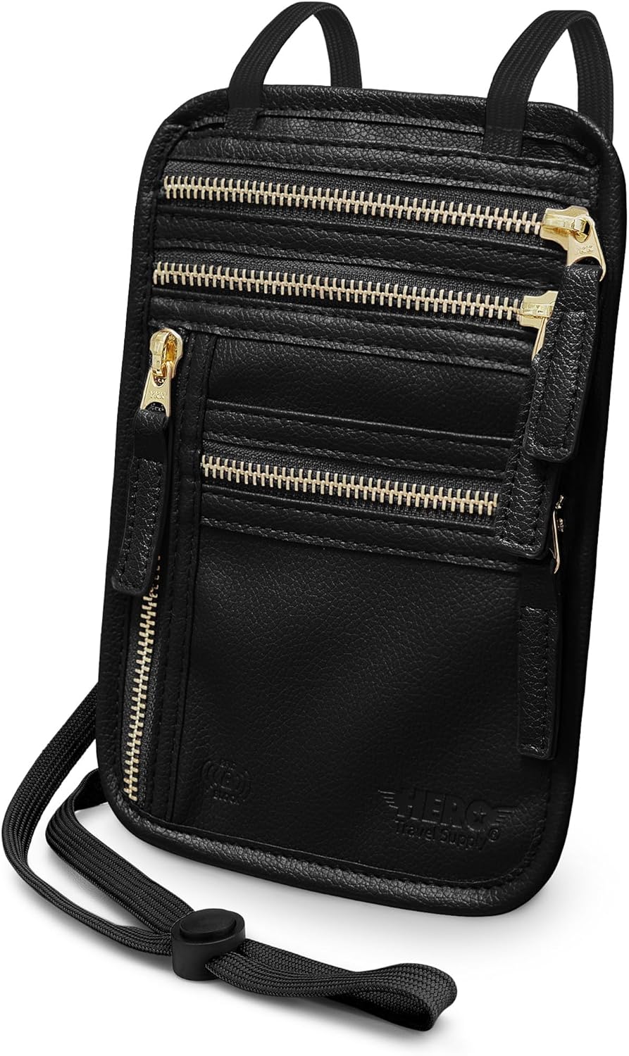 HERO Neck Wallet, RFID Blocking Vegan Leather Passport Holder & Pouch (Black)