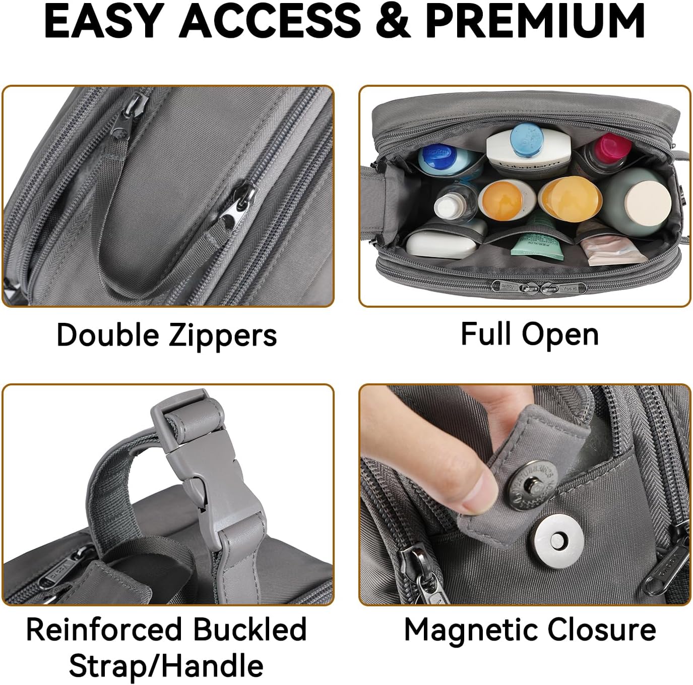 Voova Travel Toiletry Bag for Men Women, Hanging Dopp Kit Water Resistant Shaving Bag for Toiletries Accessories, Small Makeup Organizer Case for Traveling Essentials, Bathroom, Cosmetics, Grey