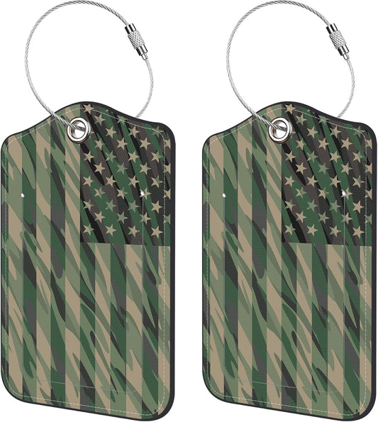 2 Pack Luggage Tags for Suitcase,Camo USA Flag PU Leather Idea Baggage Tag with Name Labels Privacy Cover Metal Ring Men and Women Travel Cruise Labels