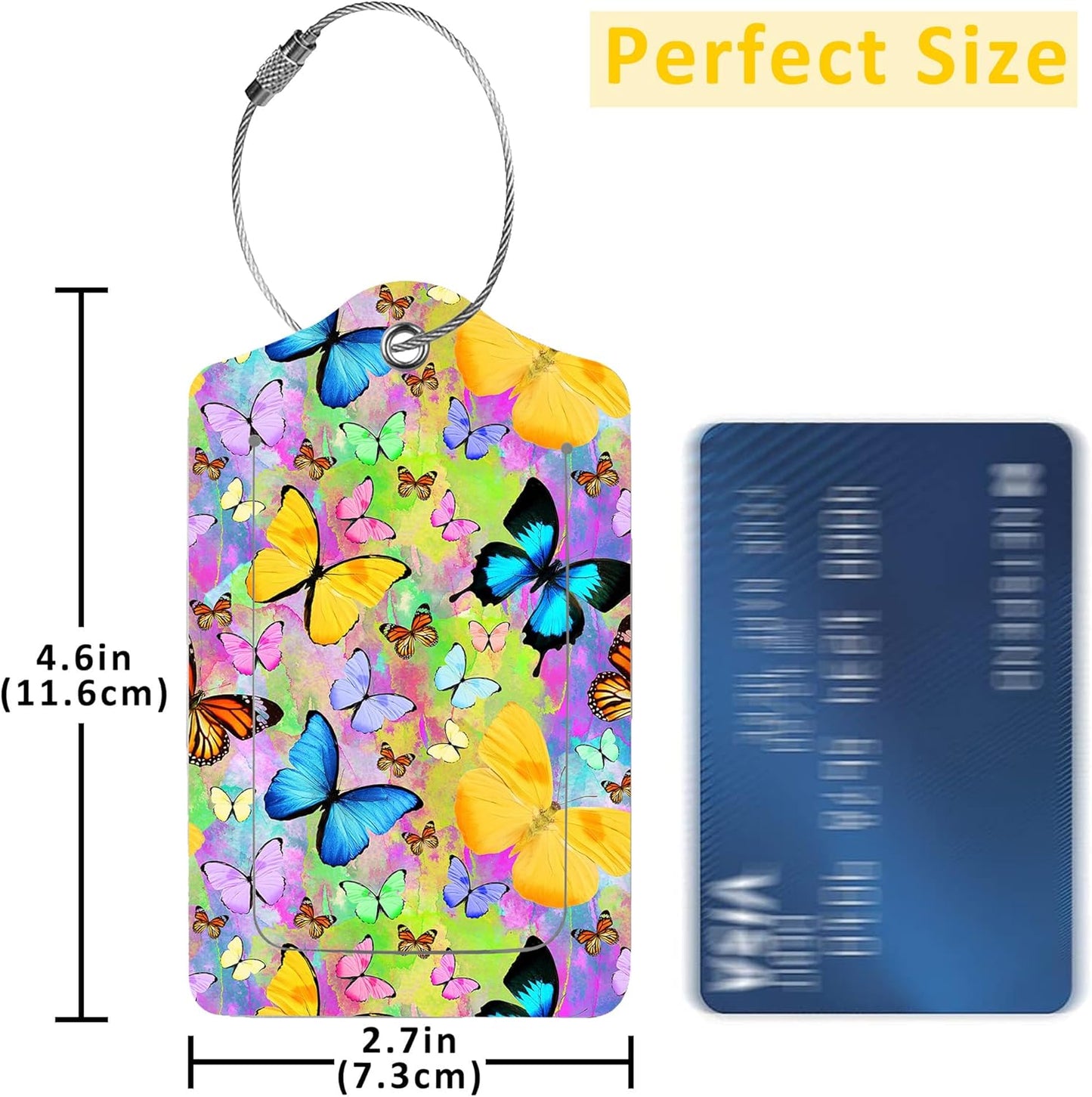 2 Pack Luggage Tags for Suitcases,Colored Tropical Butterflies Luggage Tag,PU Leather Id Label Luggage Tags with Stainless Steel Loop and Privacy Cover for Women Men Teens Travel