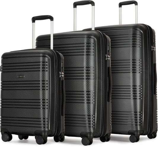 GinzaTravel 3 Piece Expandable Luggage Sets PP Hardshell Lightweight Suitcase sets with Spinner Wheels STSA Lock, 20/25/29inch, Black