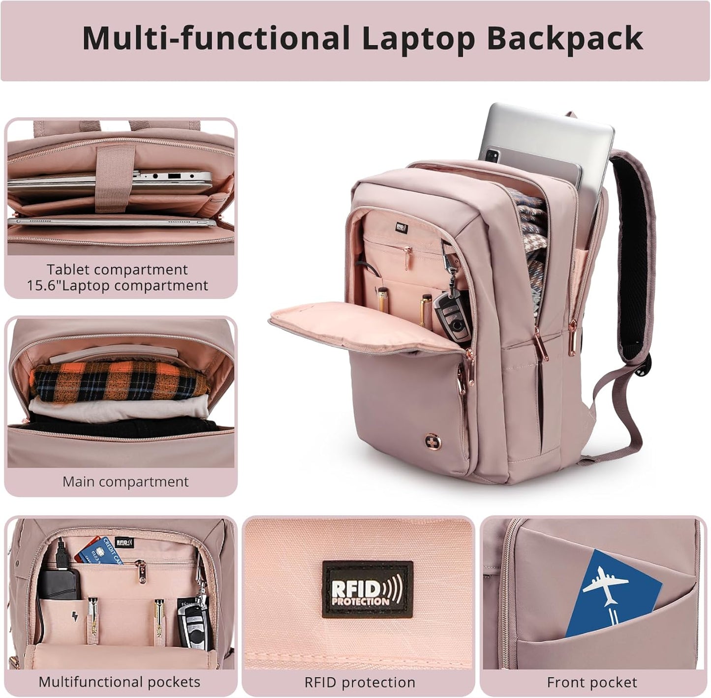 Swissdigital Design Laptop Backpack for Women,College Bookbags with USB Charging Port,Cute Computer Backpacks for Work Business,Pink | KATY ROSE